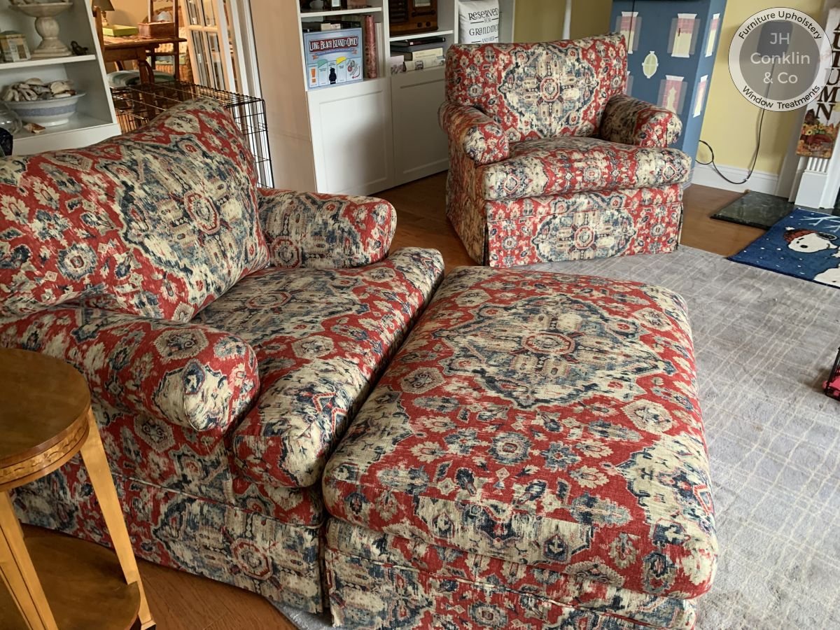 Arm Chairs and Ottoman Reupholstered