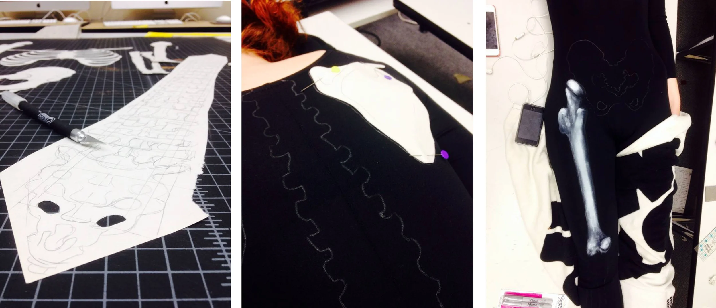  Once the shape was cut out, the paper was used as a stencil for tracing the bones onto the spandex. Now for the painting. 