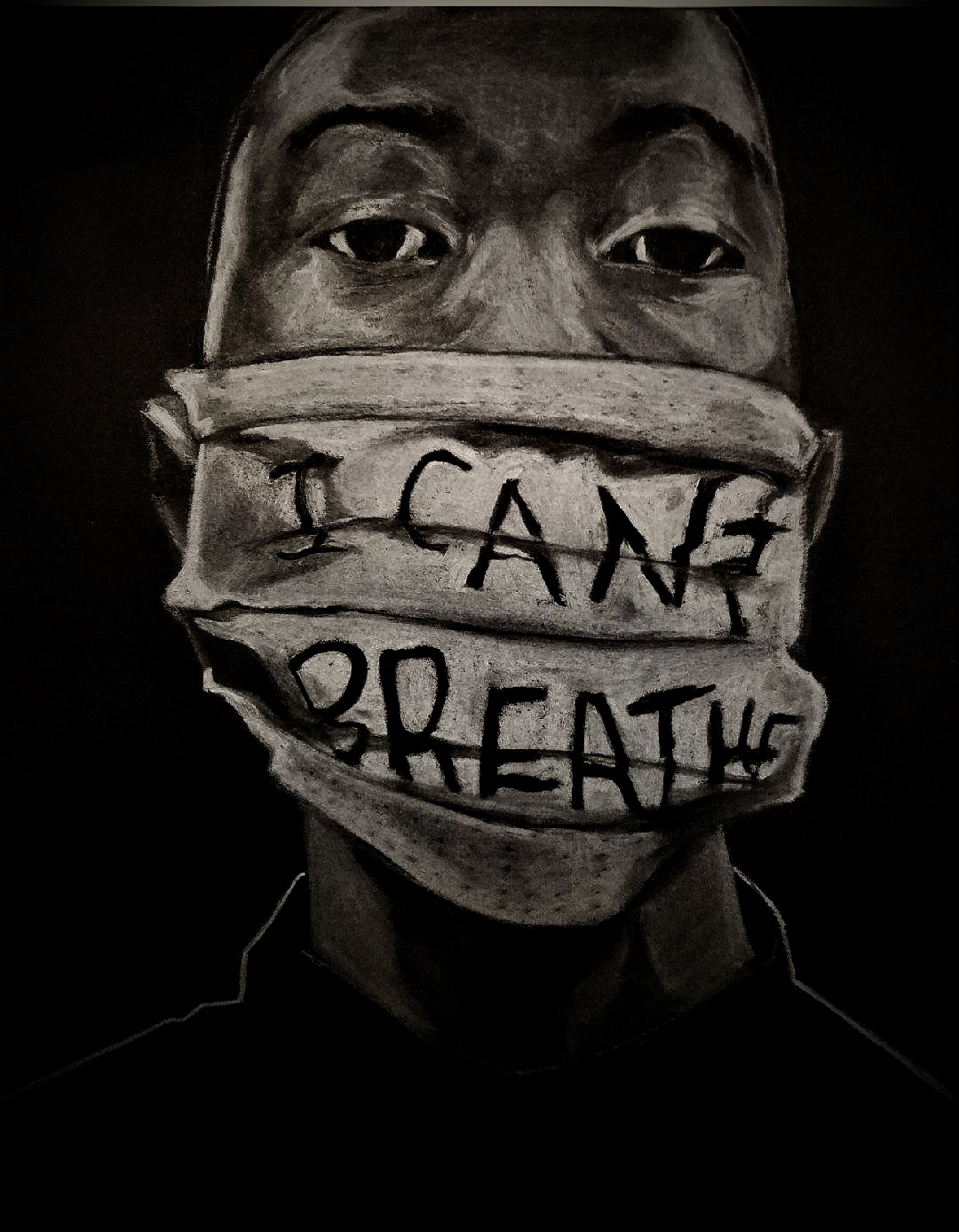 "I Can't Breathe," image of African American man with gag by Clarence Heyward