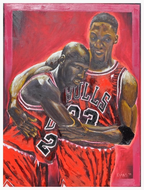 painting of Michael Jordan and Scottie Pippen in Chicago Bulls uniforms, by artist Chris Evans