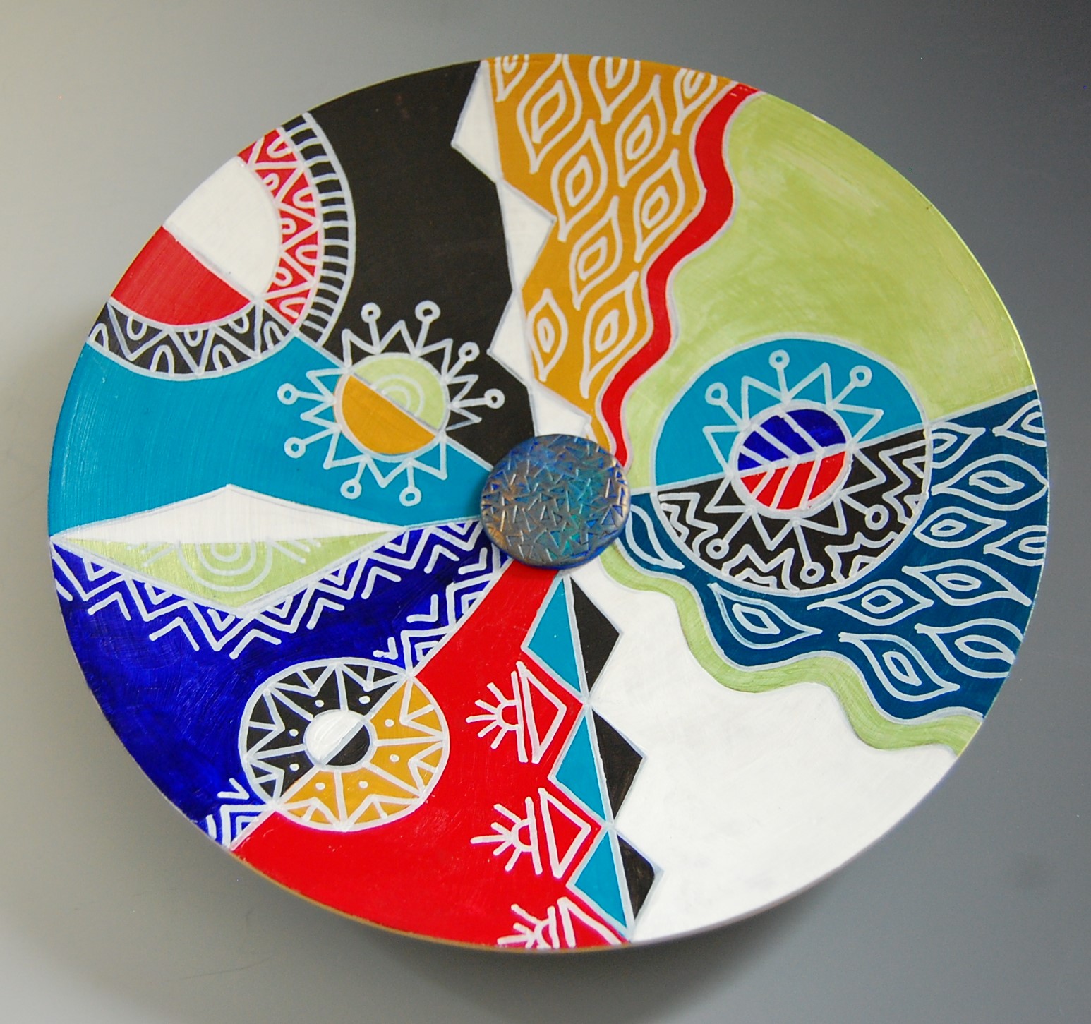 colorfully painted 12" bamboo plate with clay center by Michelle Davis Petelinz