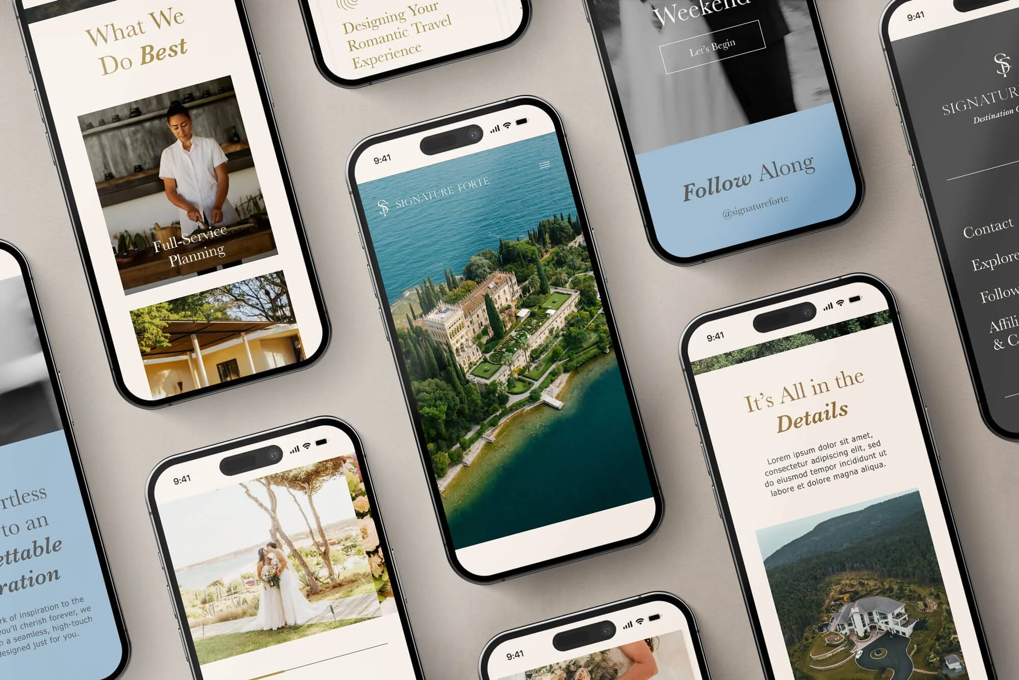 Mobile web design for Signature Forté by Laurelle Armet, showcasing a luxury destination aesthetic, aspirational imagery, and refined typography optimized for a seamless digital experience.