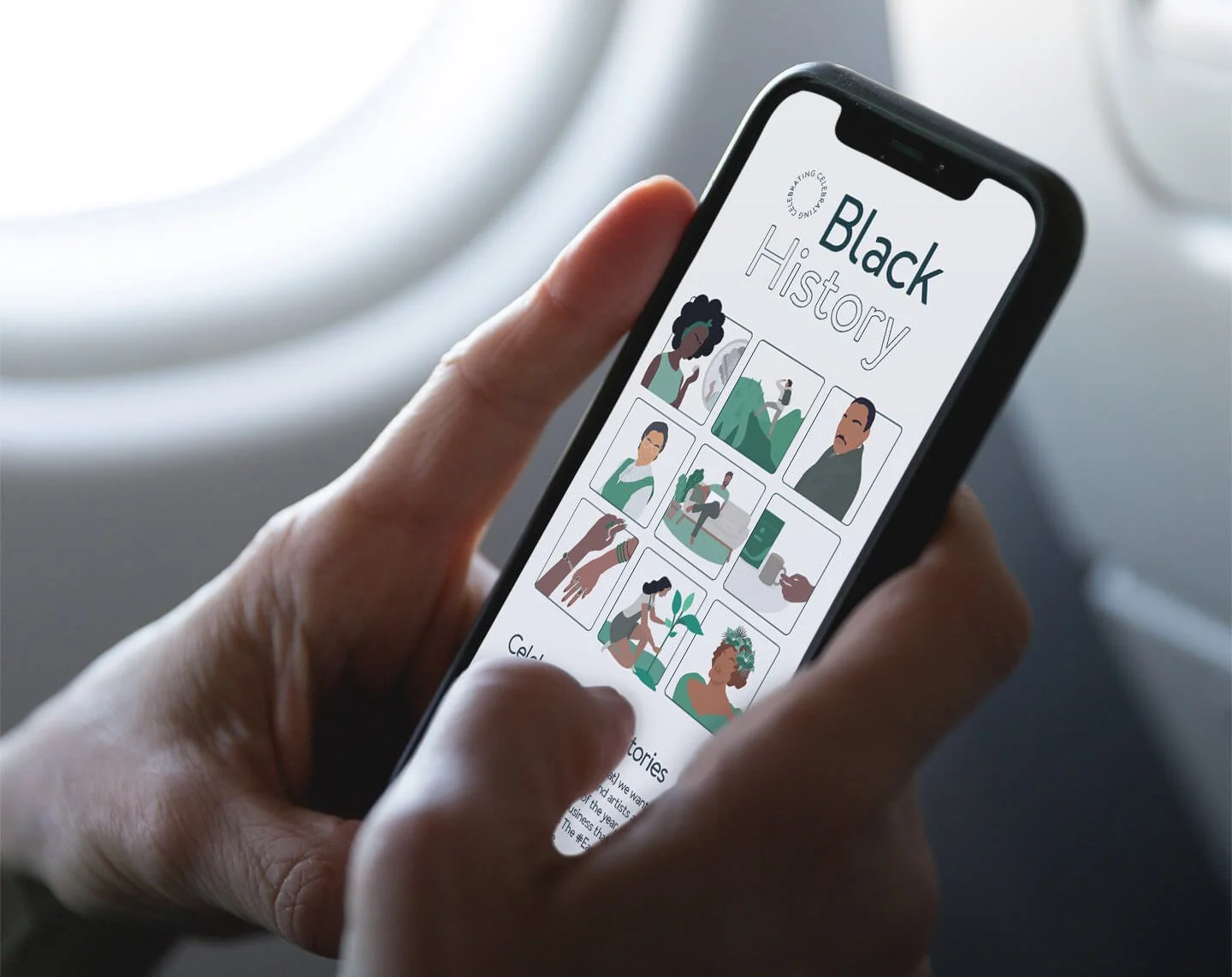 A person viewing tentree’s Black History Month campaign on a smartphone, featuring illustrated Black leaders and creatives celebrating diversity and storytelling through minimalist design.