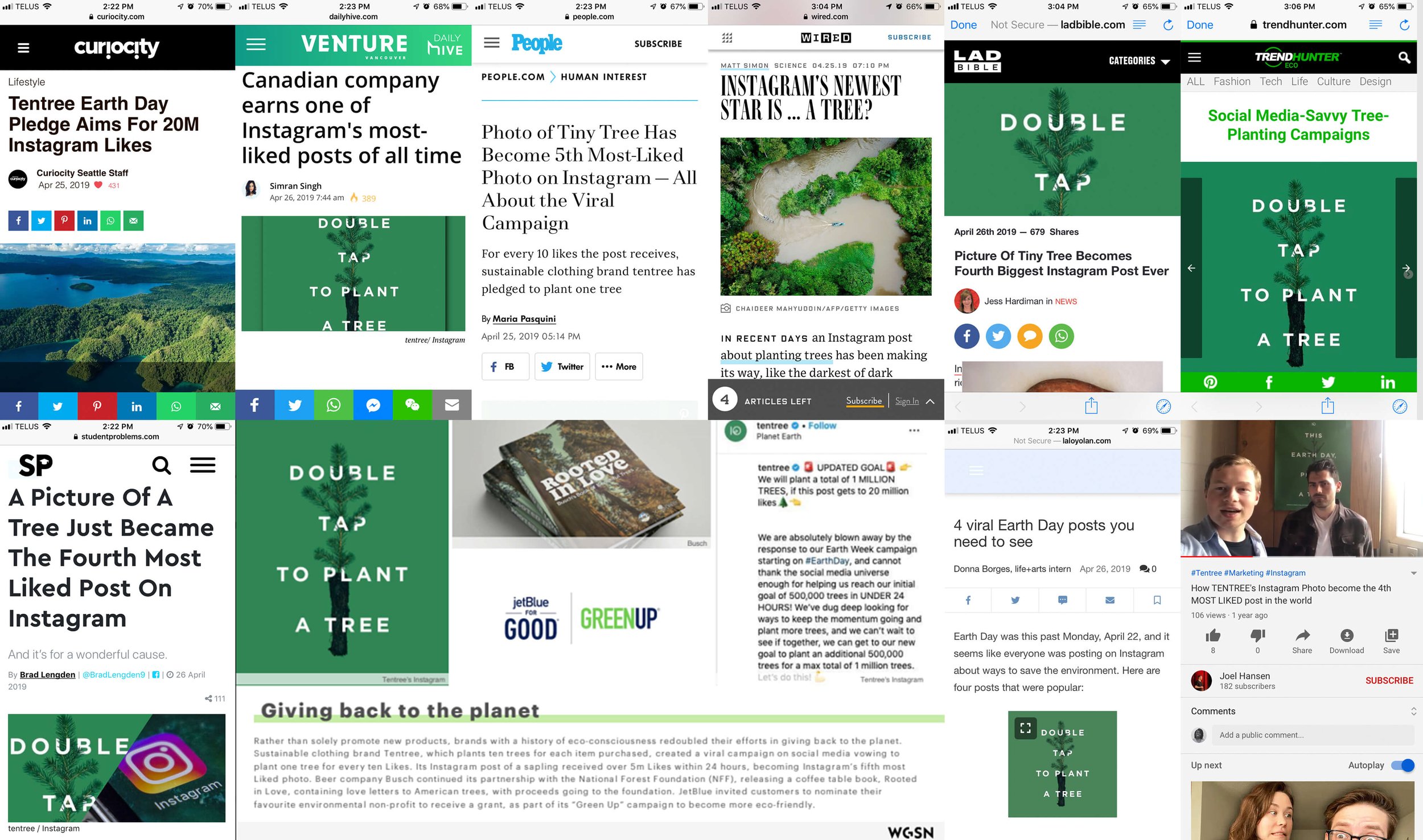 Collage of global media coverage highlighting tentree’s “Double Tap to Plant a Tree” campaign, recognized as one of Instagram’s most-liked posts and a leading sustainability initiative.