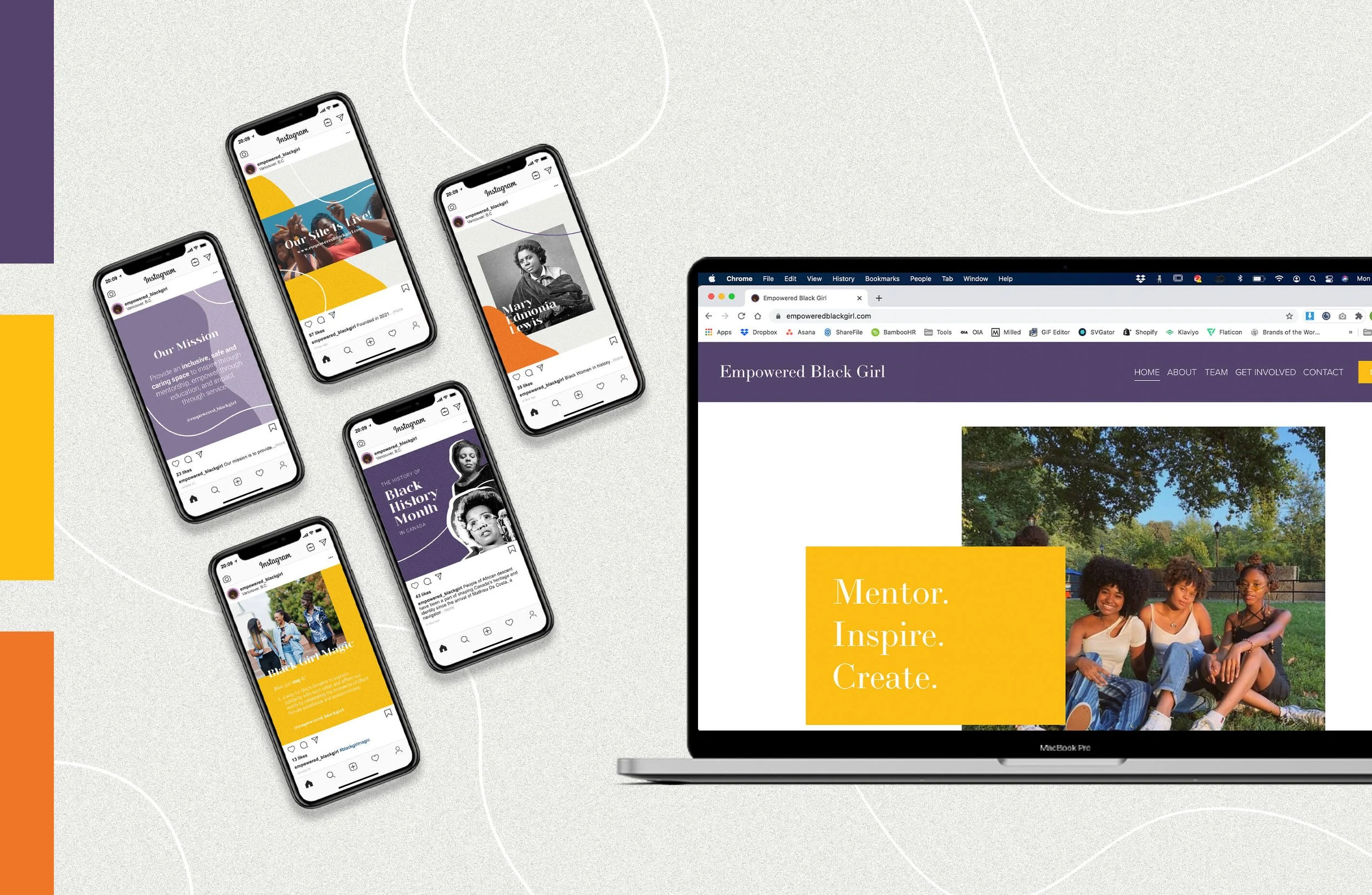 Website and social media design for Empowered Black Girl by Laurelle Armet, featuring bold colors, inspiring messaging, and a cohesive visual identity promoting mentorship and empowerment.