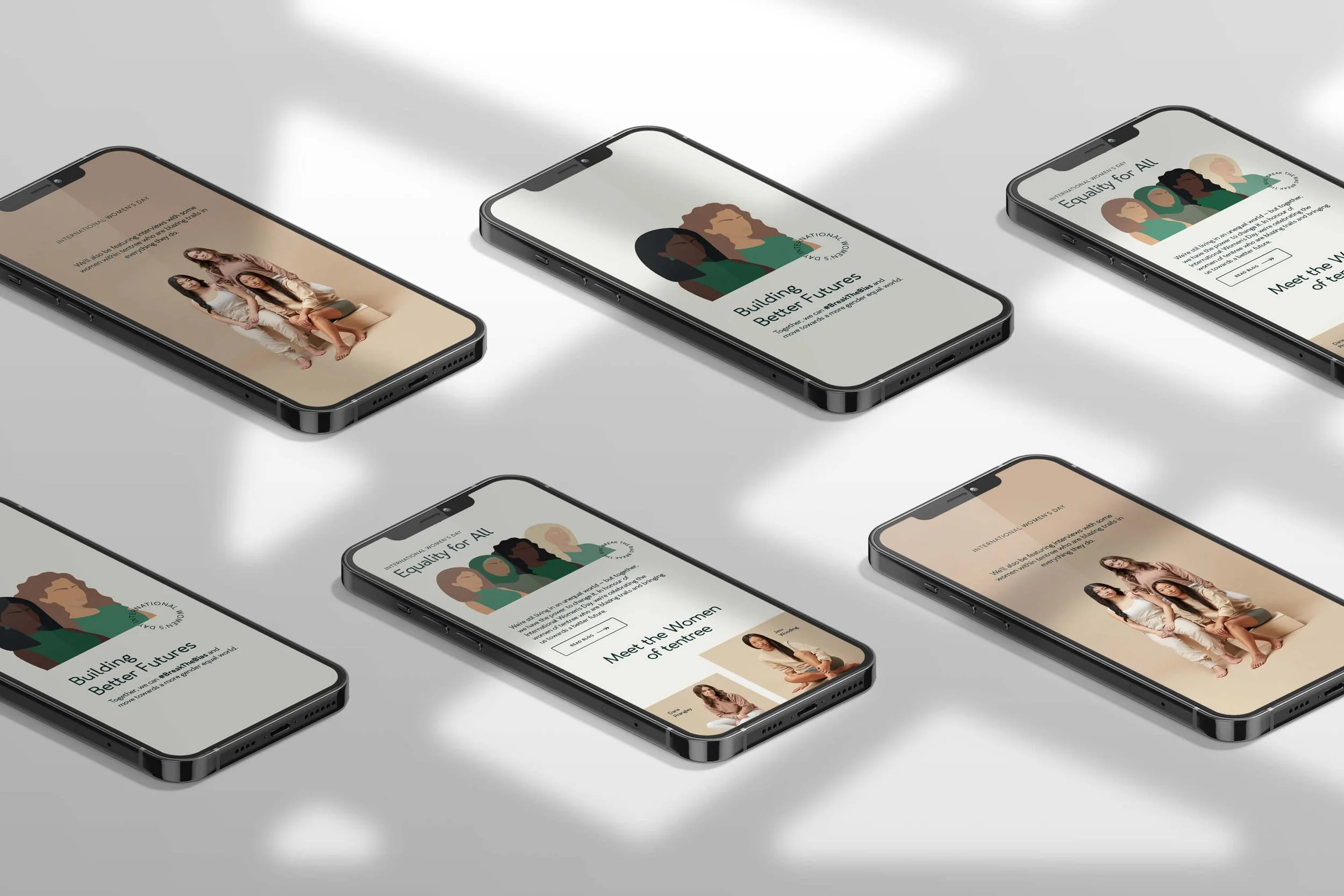 Smartphone mockups featuring tentree’s International Women’s Day campaign by Laurelle Armet, highlighting equality, empowerment, and diverse women through illustration and photography.