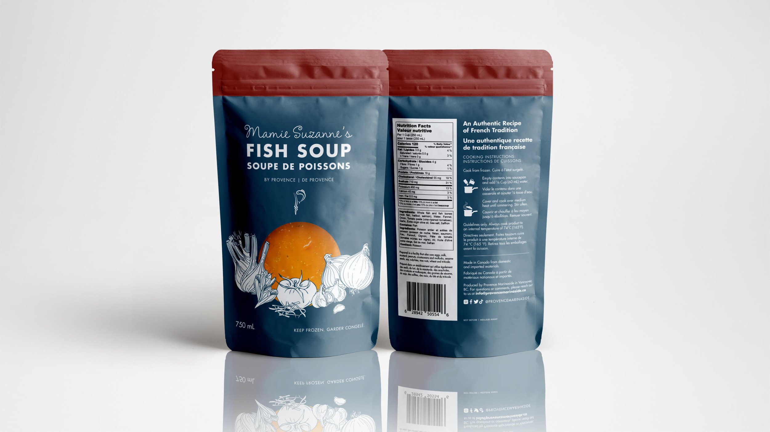 Front and back packaging design for Mamie Suzanne’s Fish Soup by Laurelle Armet, featuring hand-drawn line illustrations and bold typography inspired by French Provençal tradition.