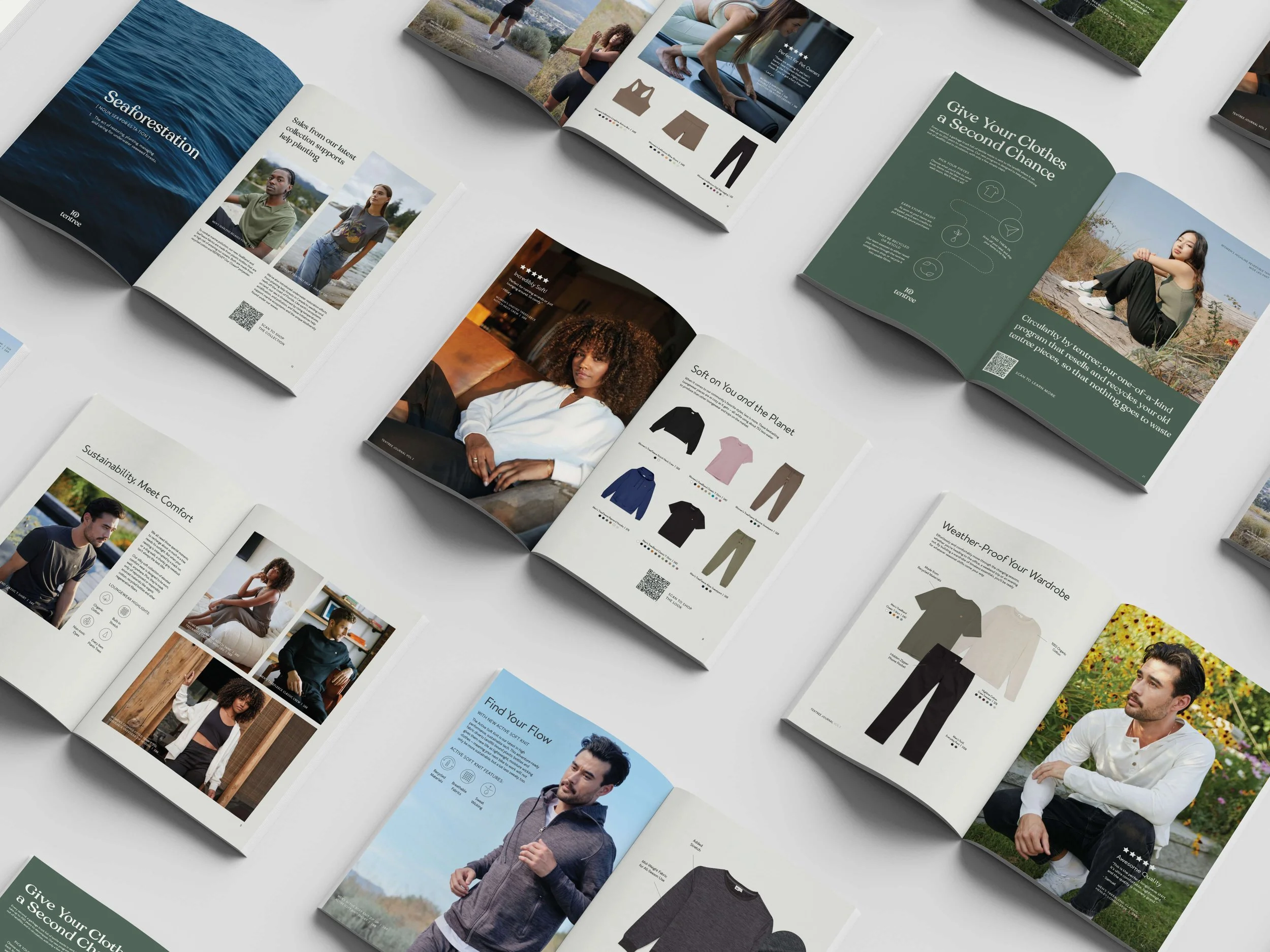 tentree product catalog design by Laurelle Armet featuring lifestyle photography, clothing layouts, and green branding elements emphasizing comfort, sustainability, and environmental responsibility.