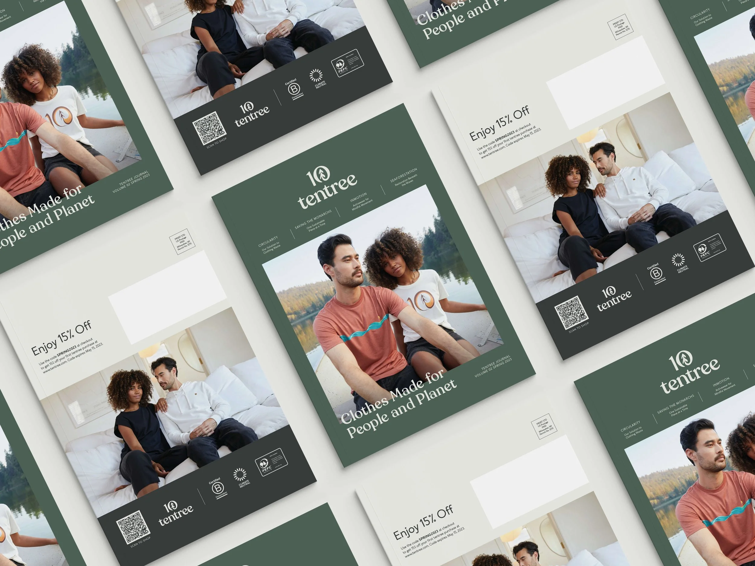 Printed marketing flyers for tentree designed by Laurelle Armet, featuring eco-friendly apparel photography, minimalist design, and sustainability messaging promoting conscious clothing.