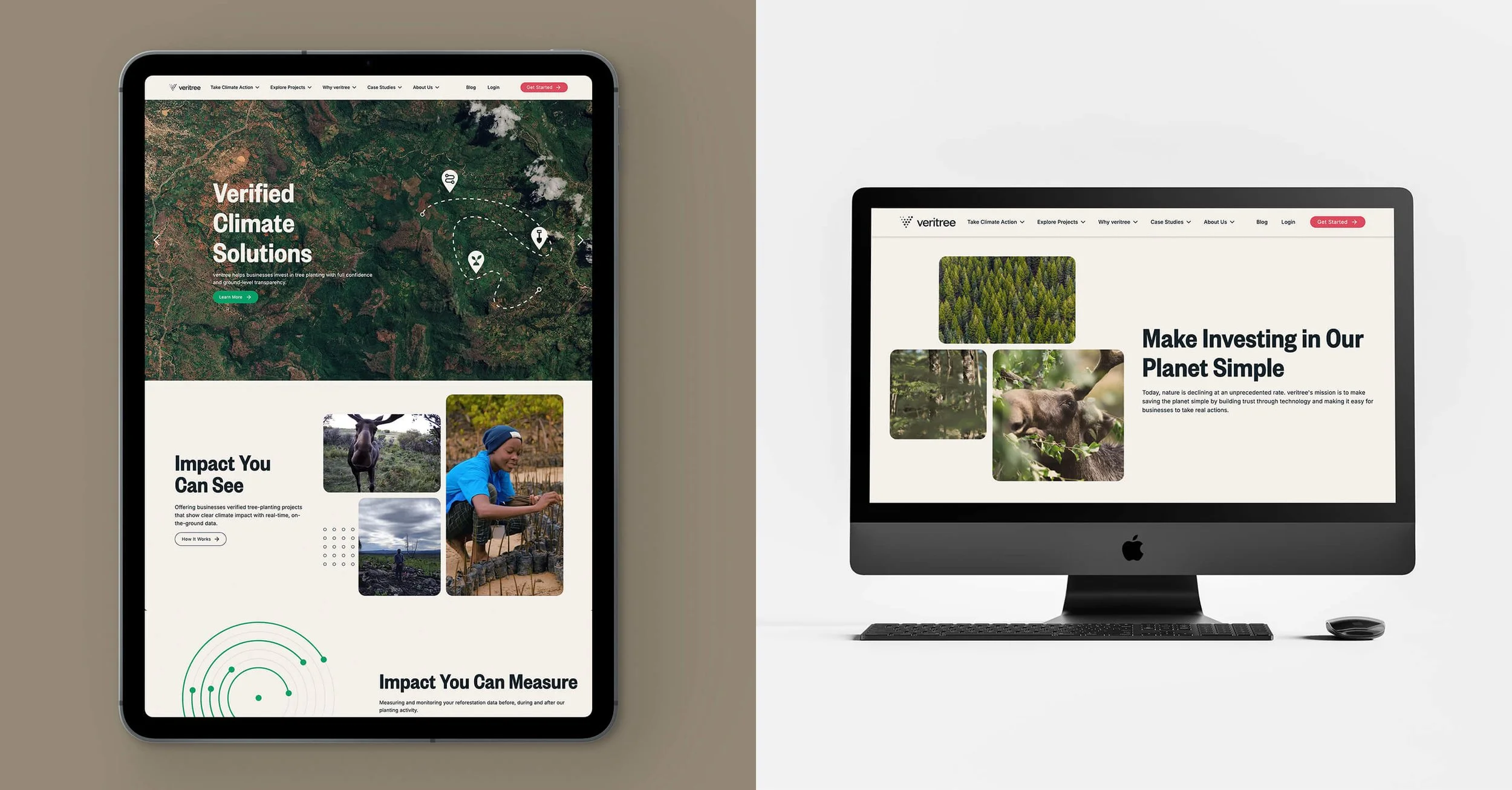 Side-by-side veritree website mockups designed by Laurelle Armet, highlighting tree-planting projects, measurable impact tracking, and transparent environmental solutions for businesses.