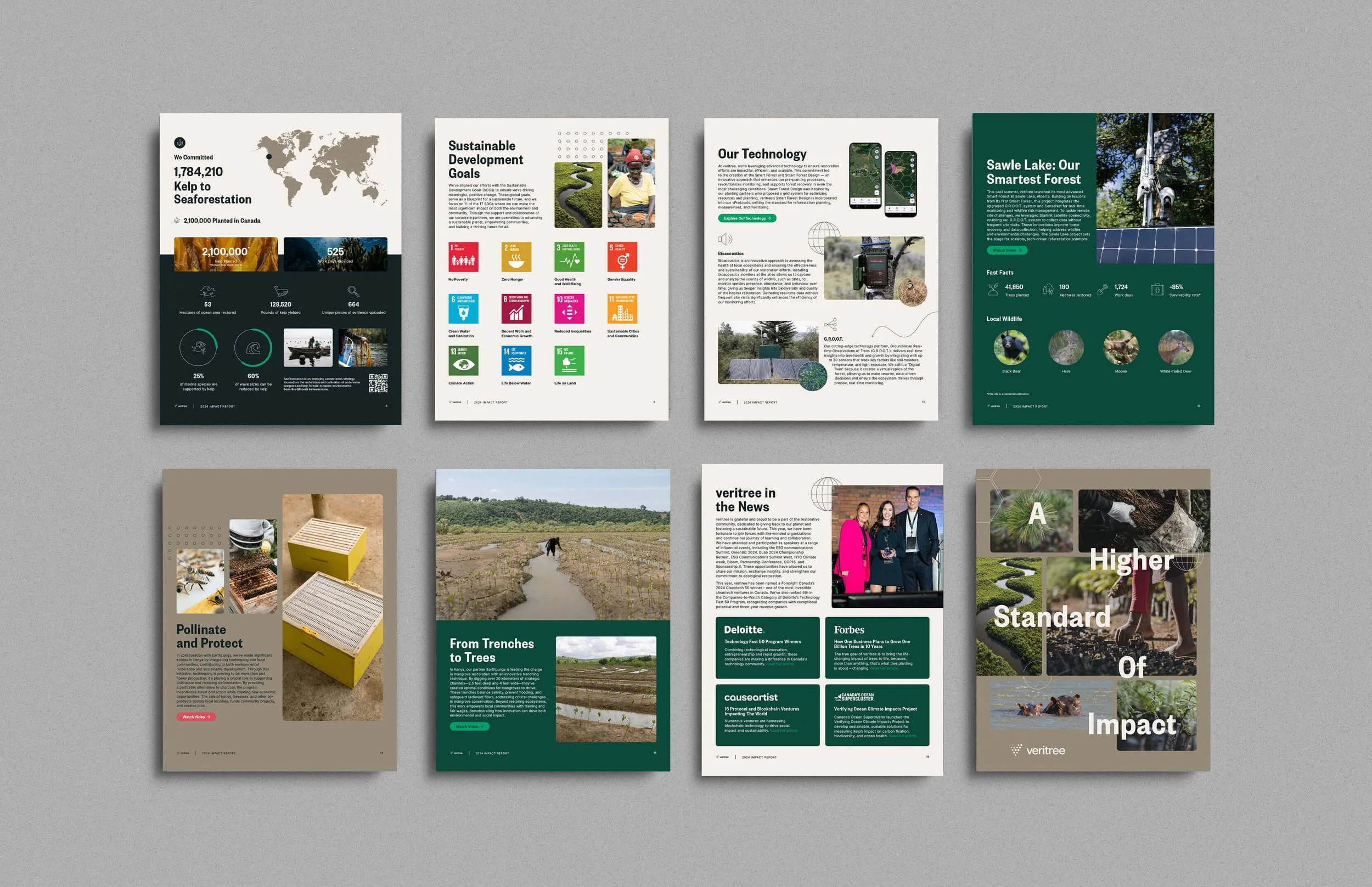 Collection of veritree 2024 Impact Report pages designed by Laurelle Armet, displaying data visualizations, sustainability goals, technology insights, and partner highlights across a cohesive design.