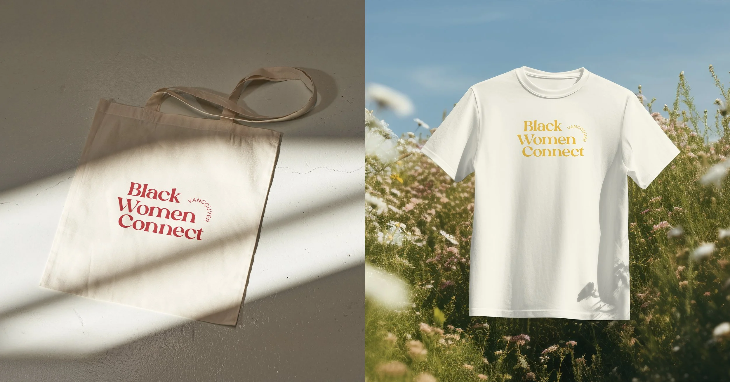 Tote bag and t-shirt designs for Black Women Connect Vancouver by Laurelle Armet, featuring minimalist logo placement in warm hues that highlight community, empowerment, and modern design.