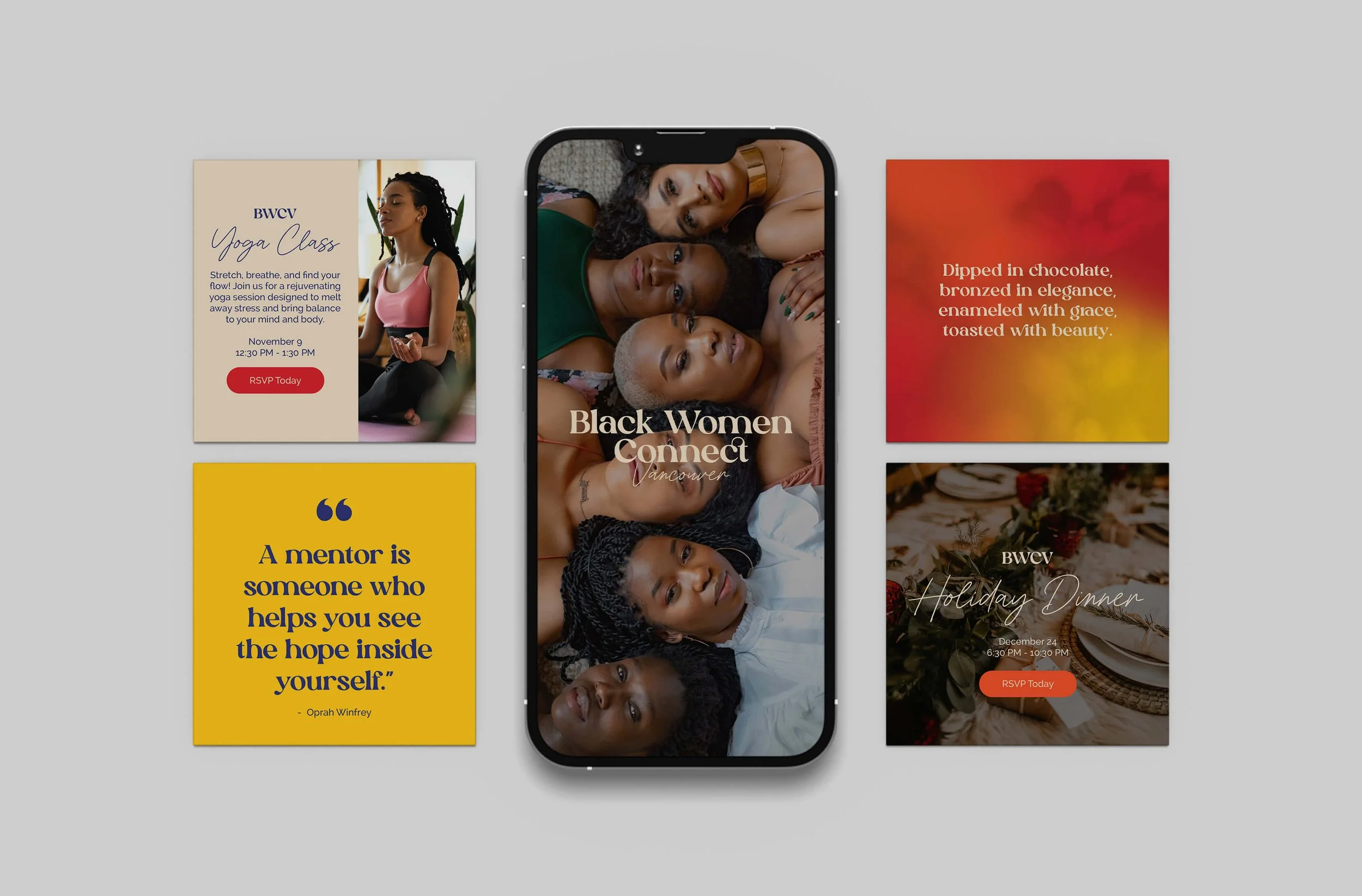 Social media and event graphics for Black Women Connect Vancouver by Laurelle Armet, featuring inclusive imagery, warm tones, and empowering typography celebrating mentorship and community.
