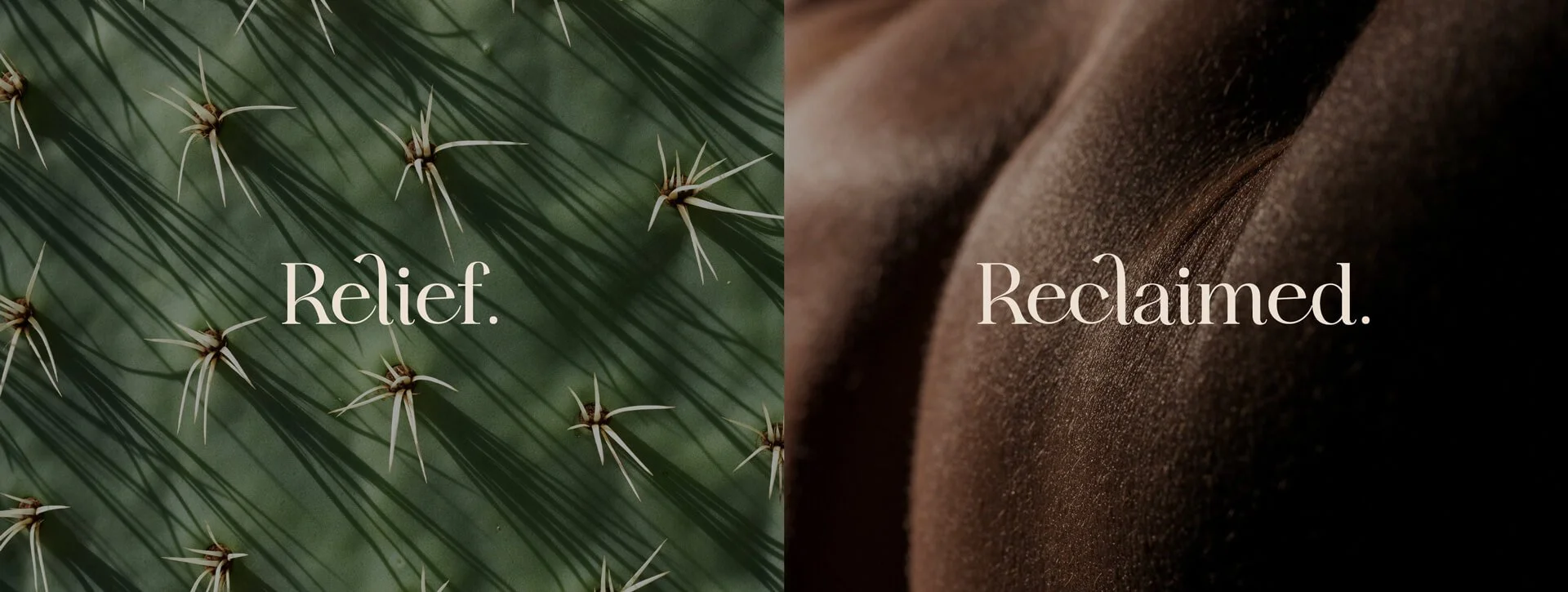 Split-screen brand visuals for Luminescence Wellness by Laurelle Armet, contrasting natural textures and skin close-ups to symbolize the journey from tension to relaxation and renewal.