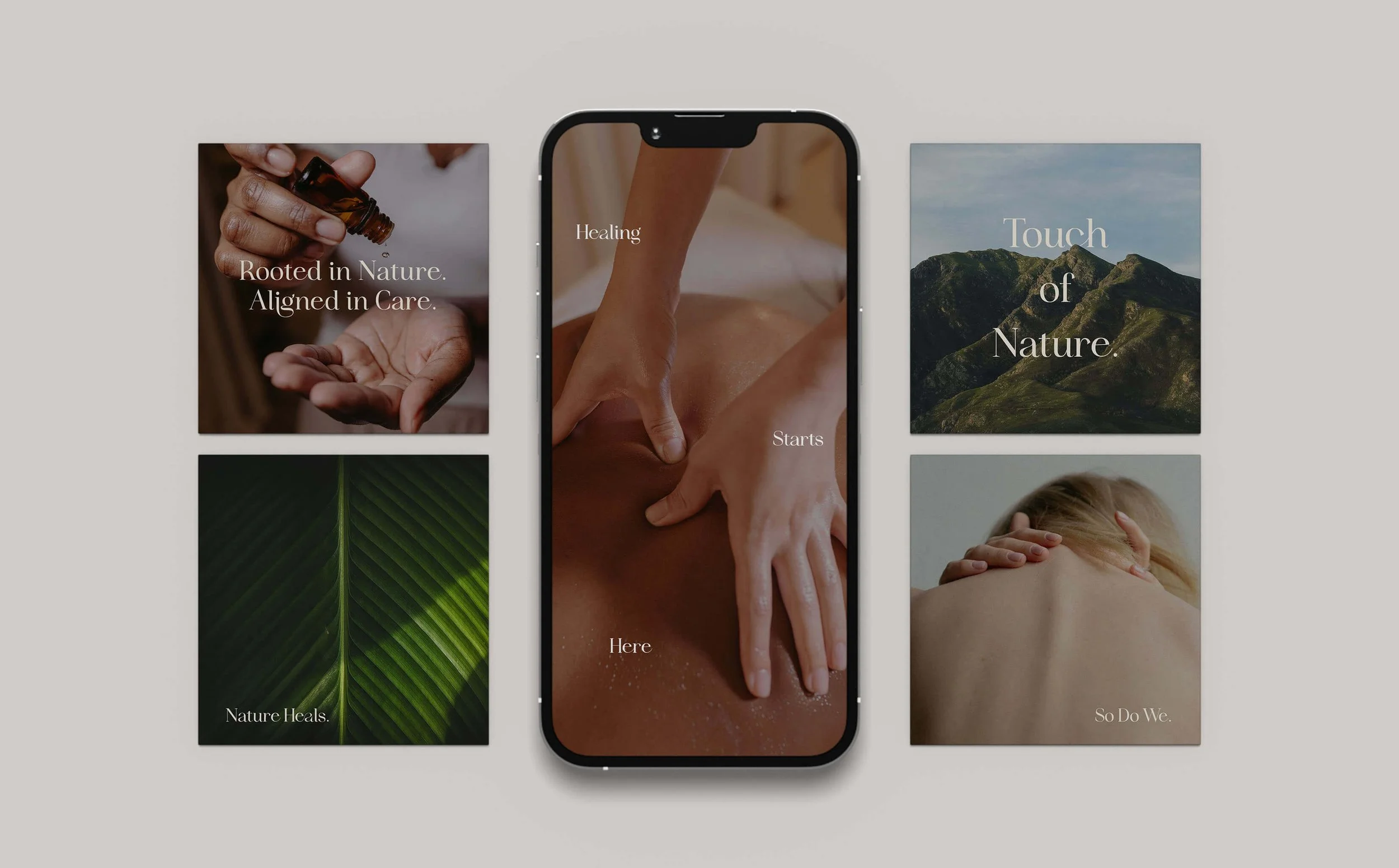 Social media and mobile branding for Luminescence Wellness by Laurelle Armet, combining serene imagery, earthy tones, and affirming language inspired by nature and touch therapy.