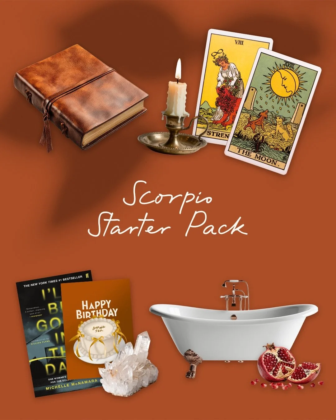 Scorpio season has entered the chat ♏🦂

A journal full of secrets, tarot cards for trusting intuition, crystals for protection, a psychological thriller that can&rsquo;t be put down, and a candlelit bath to recover from feeling everything a little t