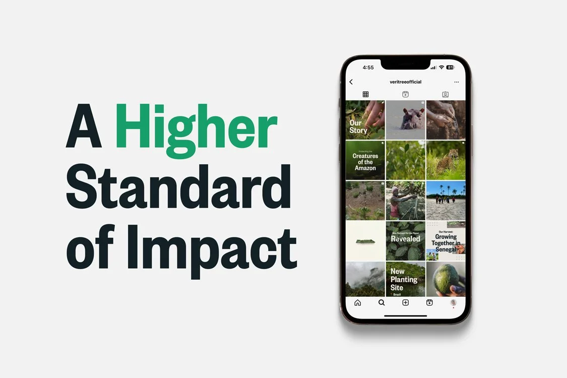 veritree Instagram grid mockup designed by Laurelle Armet, featuring reforestation stories, project updates, and wildlife photography under the tagline: A Higher Standard of Impact.