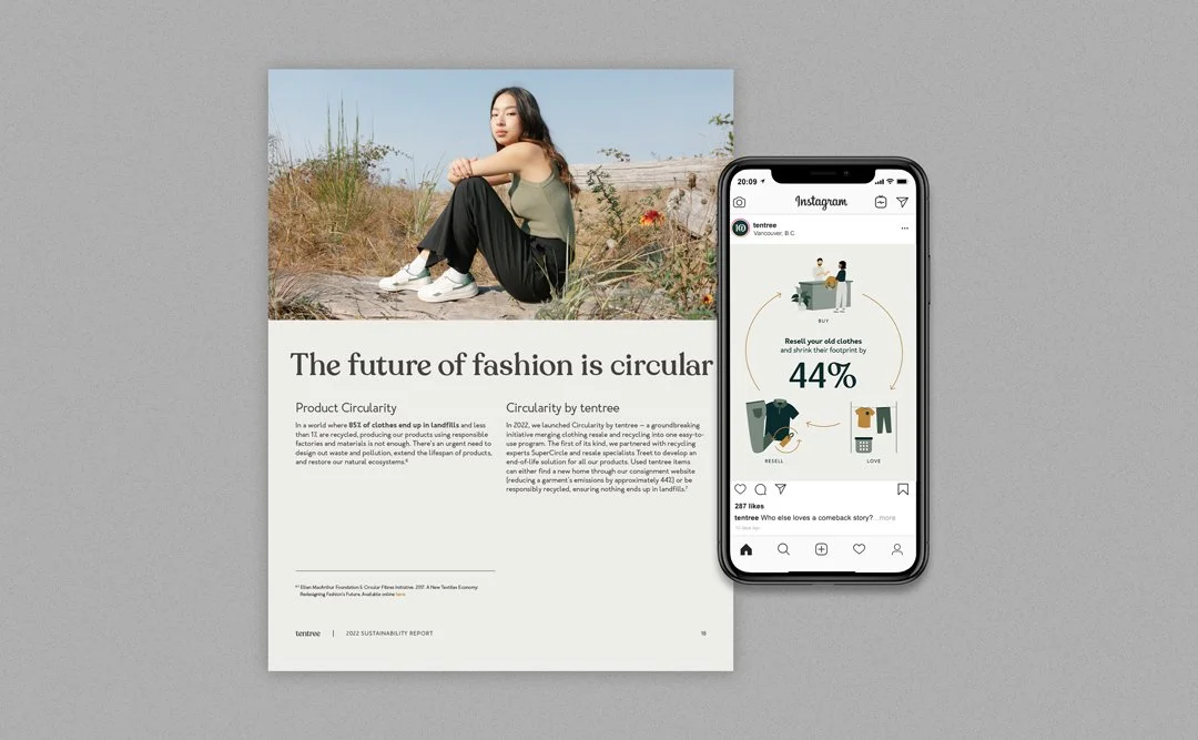 tentree sustainability report spread by Laurelle Armet showcasing circular fashion initiatives and product reuse, paired with cohesive Instagram visuals promoting sustainable design.