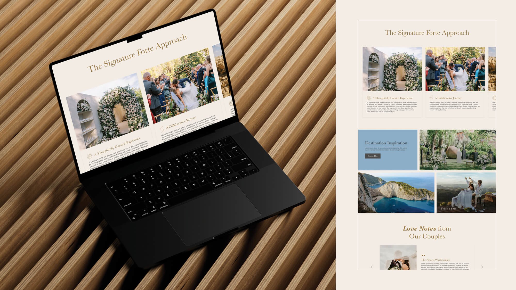 Website section for Signature Forté designed by Laurelle Armet, highlighting curated destination experiences, wedding inspiration, and romantic imagery with a warm, elegant tone.