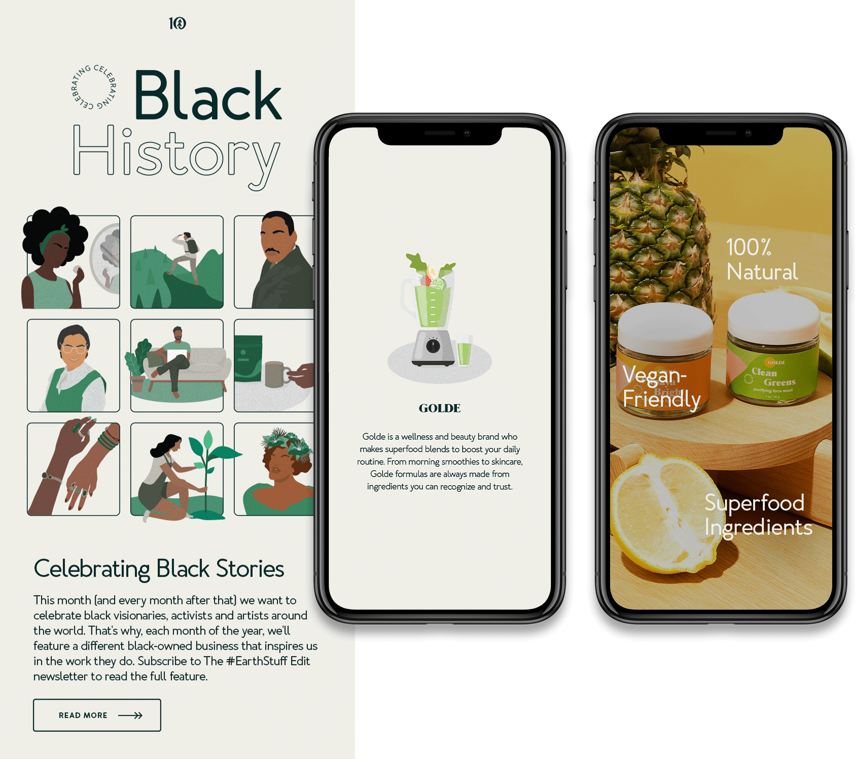 Digital layouts for tentree’s Black History Month and Golde collaboration designed by Laurelle Armet, showcasing Black creators, vegan superfood products, and sustainable wellness storytelling.