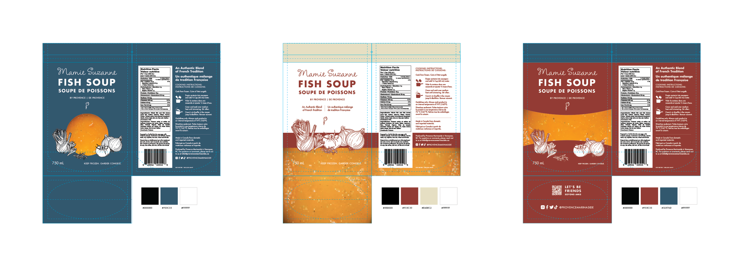 Packaging design options for Mamie Suzanne’s Fish Soup by Laurelle Armet, exploring color palettes, illustration styles, and bilingual layout for French-inspired branding.