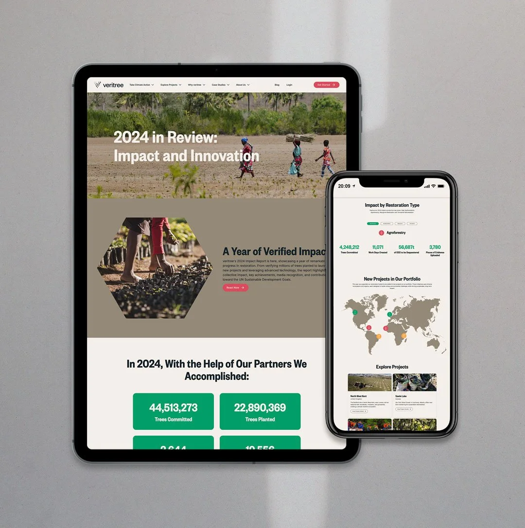 veritree 2024 Impact Report website by Laurelle Armet shown on tablet and mobile screens, presenting reforestation metrics, interactive maps, and project accomplishments in a clean digital format.