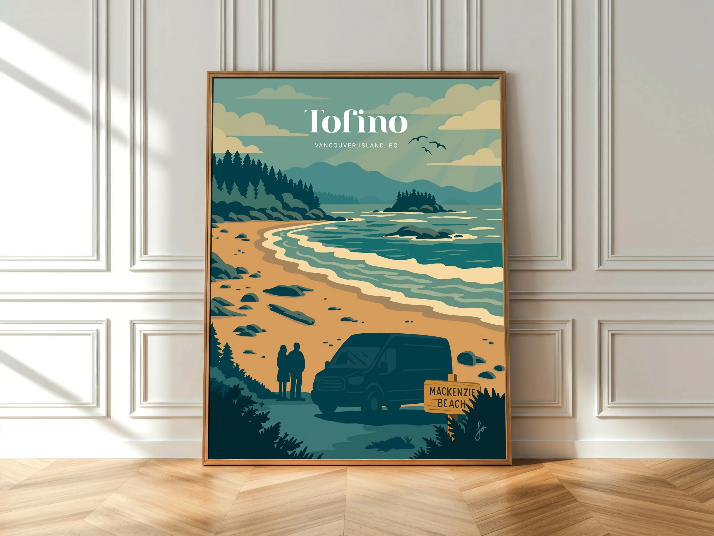 “Tofino, Vancouver Island, BC” art print by Laurelle Armet featuring a coastal landscape of Mackenzie Beach with a camper van, ocean waves, and forested cliffs in earthy blue and gold tones.