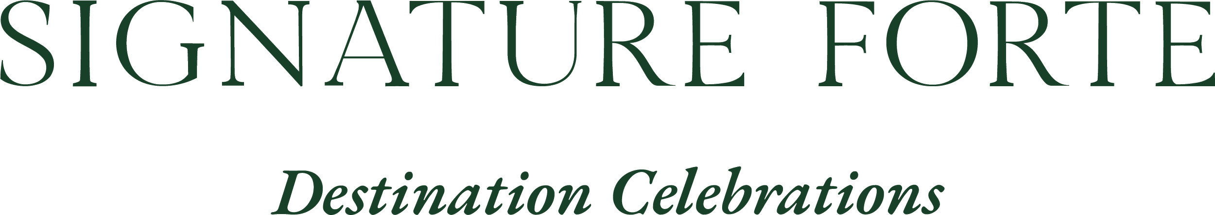 Signature Forte logo with elegant serif typography and tagline “Destination Celebrations,” representing a luxury event planning brand specializing in bespoke global weddings and travel experiences.