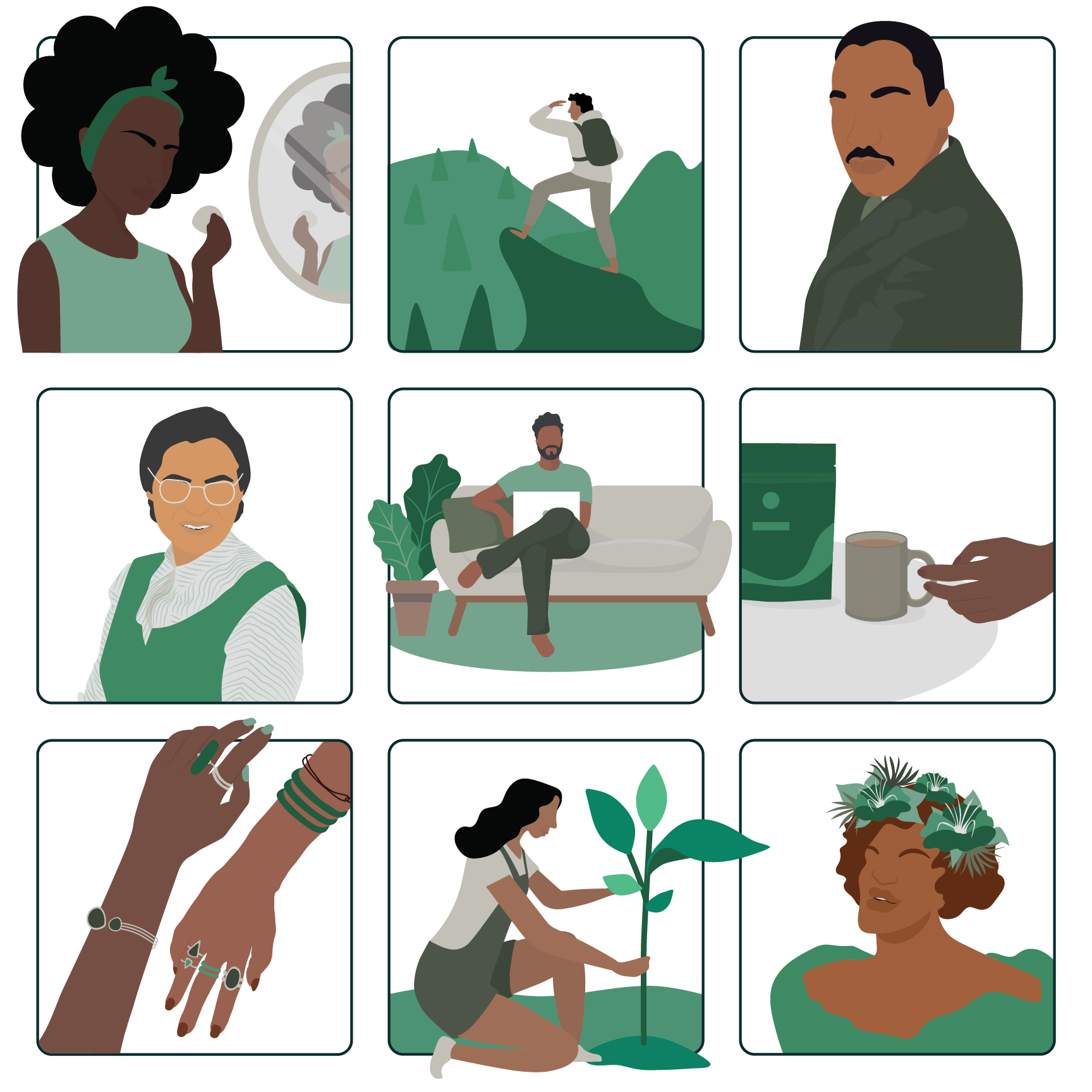 Illustrated portraits and lifestyle scenes created by Laurelle Armet for tentree’s Black History Month campaign, celebrating Black culture, leaders, nature, and community through earthy modern art.