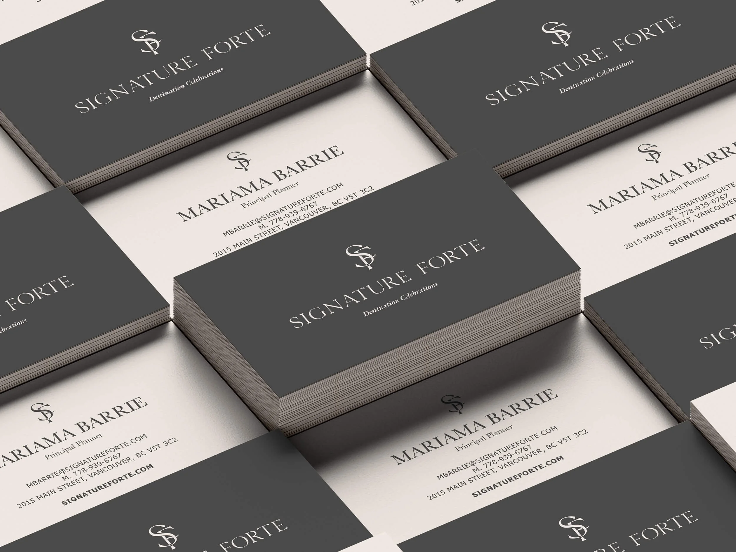 Business card design for Signature Forté by Laurelle Armet, featuring a minimalist black-and-white palette, refined typography, and premium print layout for a luxurious brand identity.