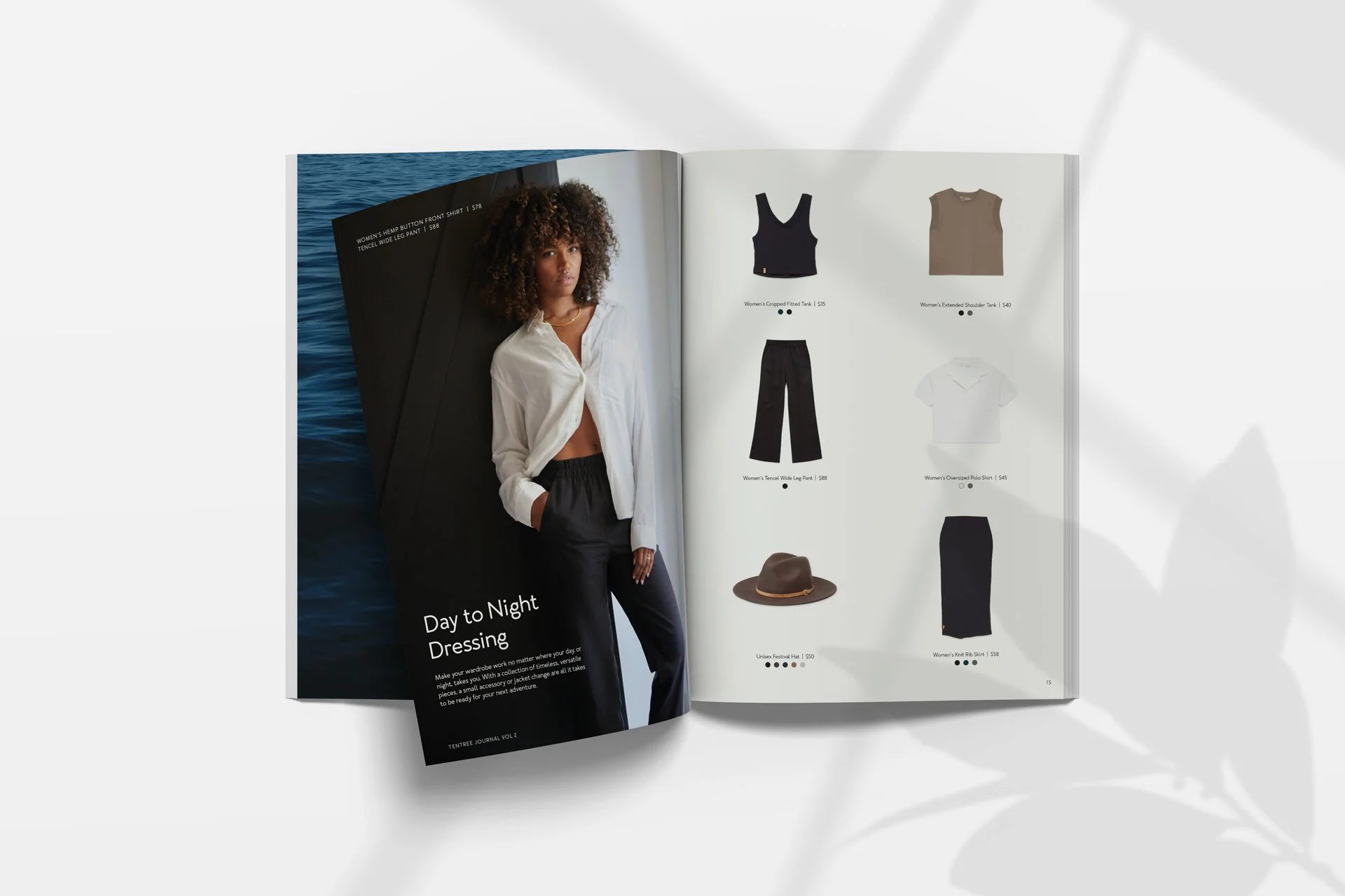 tentree lookbook design by Laurelle Armet, highlighting versatile women’s outfits through clean layouts, minimalist photography, and messaging focused on sustainable, day-to-night dressing.