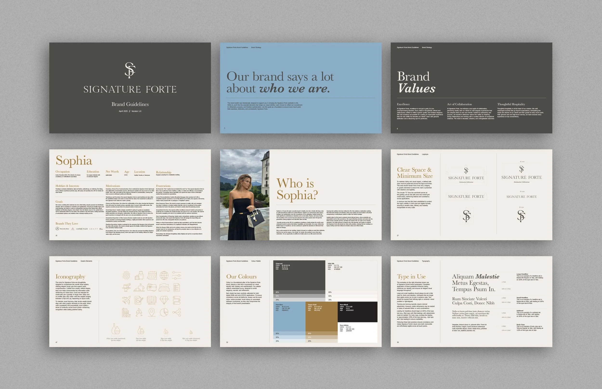 Comprehensive brand guideline design by Laurelle Armet for Signature Forté, showcasing typography, color palette, iconography, and brand personality with refined editorial presentation.
