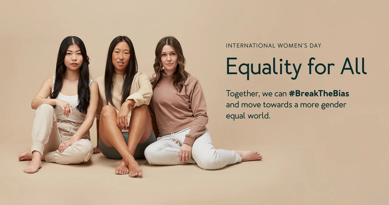 tentree International Women’s Day campaign featuring three women seated against a neutral background, representing strength, unity, and equality with the message “Together, we can #BreakTheBias.”