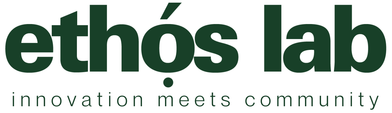 Ethos Lab logo featuring modern typography with the tagline “Innovation meets community,” representing an inclusive youth innovation hub focused on STEAM education and creative exploration.