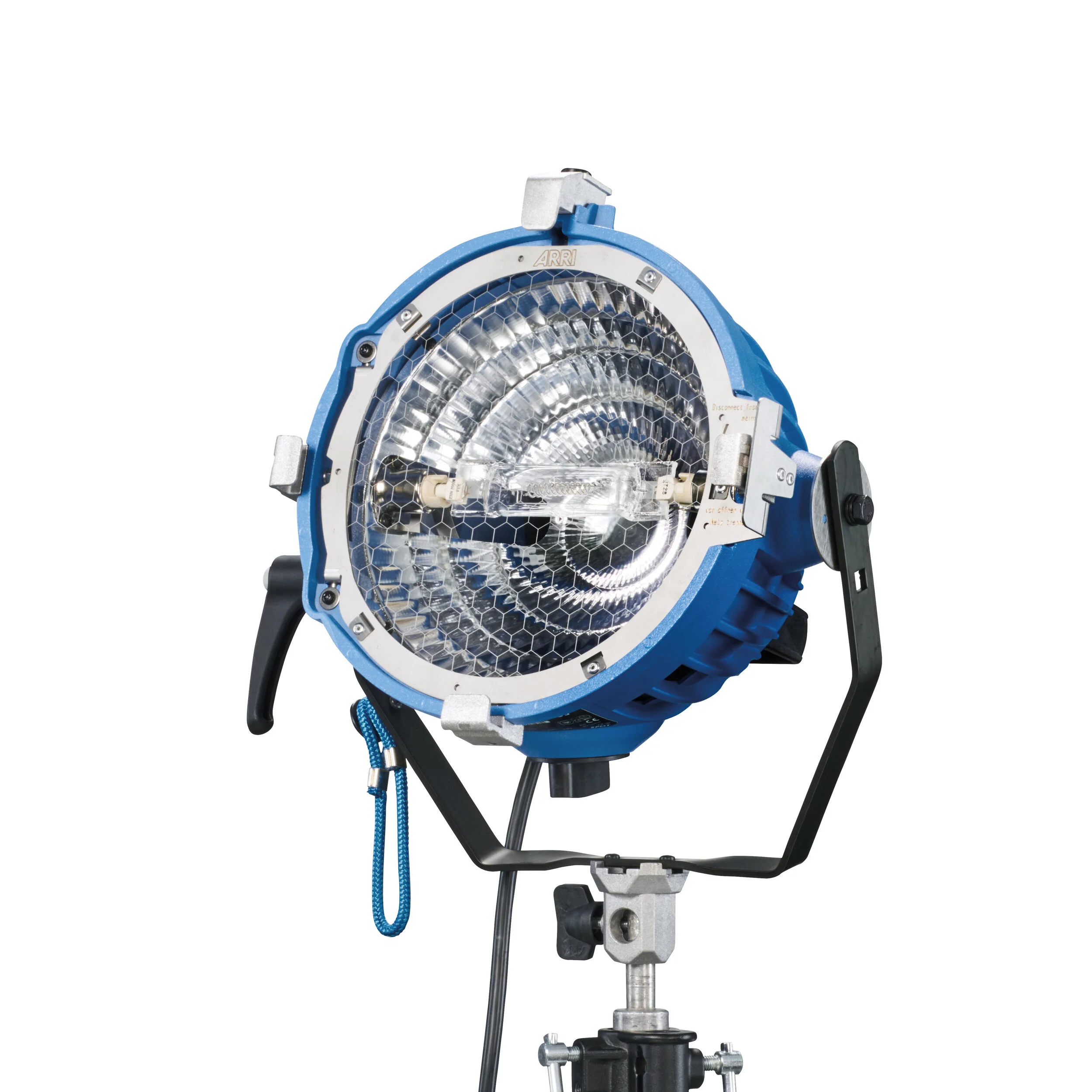 An industrial studio light with a blue casing and a honeycomb front cover, mounted on a black stand with adjustable components.