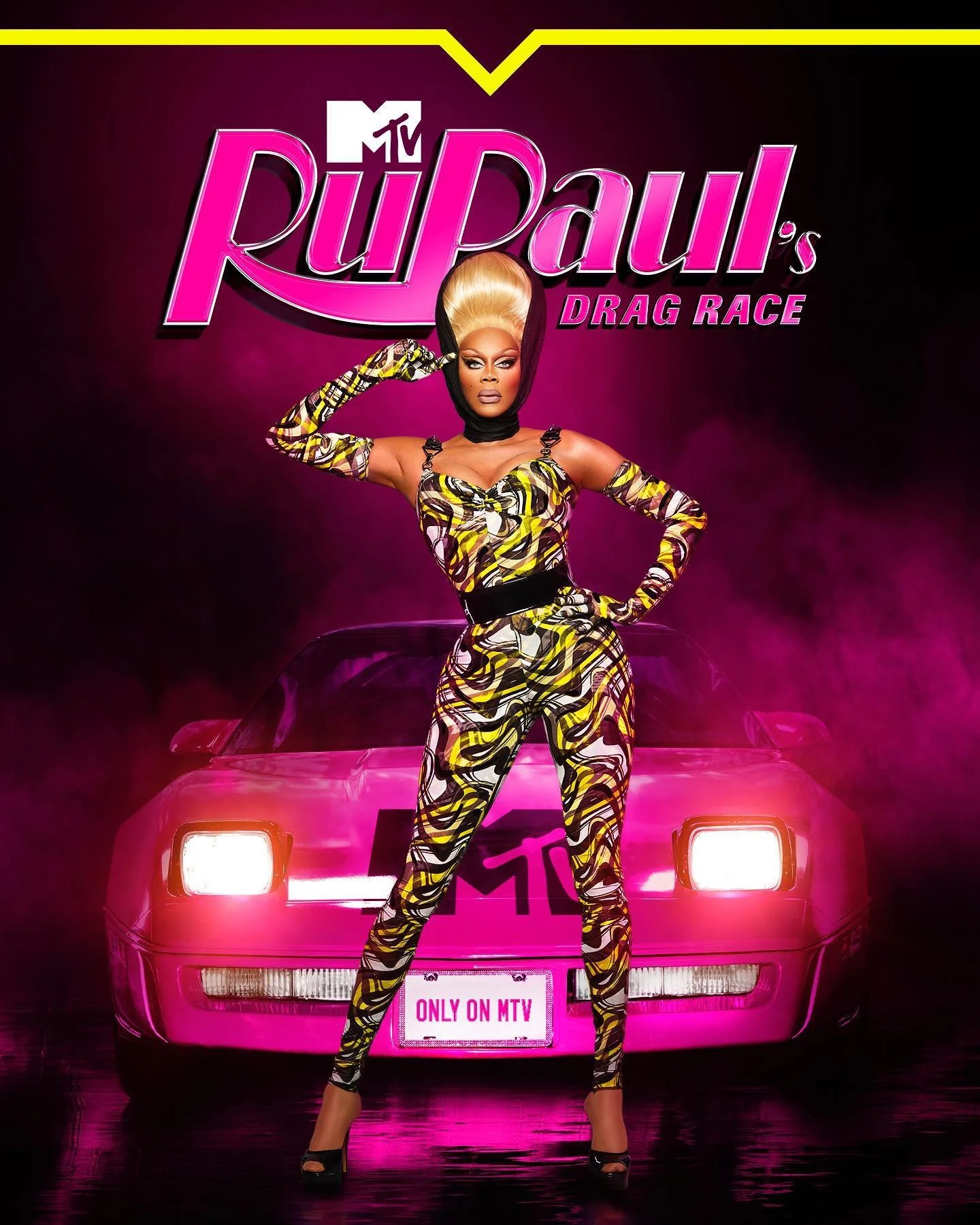 Promotional poster for MTV's RuPaul's Drag Race featuring a drag queen in colorful outfit and a blonde wig, standing in front of a pink sports car, with the show's logo and text indicating it's available only on MTV.