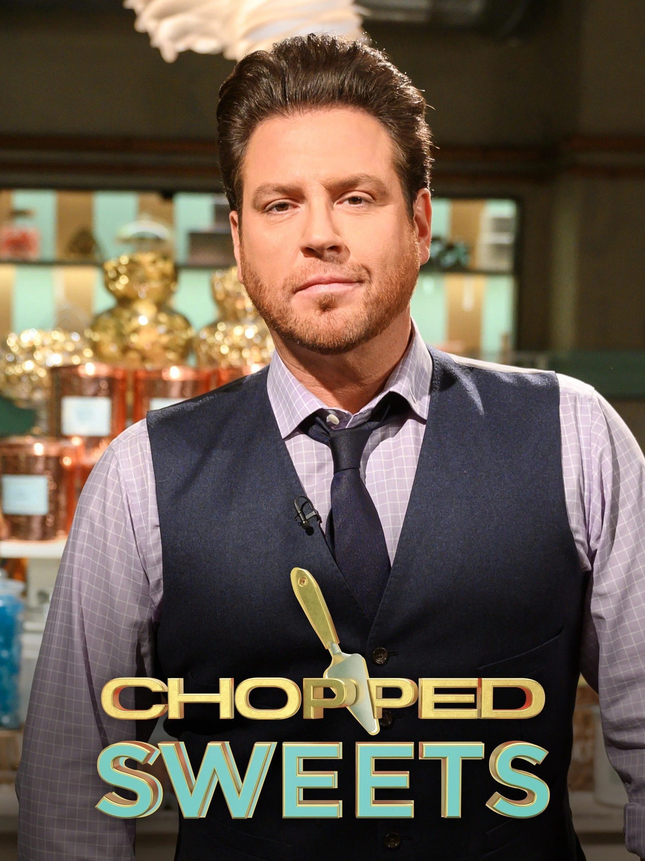 A man in a vest and tie standing in a store with shelves of decorative items behind him. The text 'Chopped Sweets' is overlaid on the image.