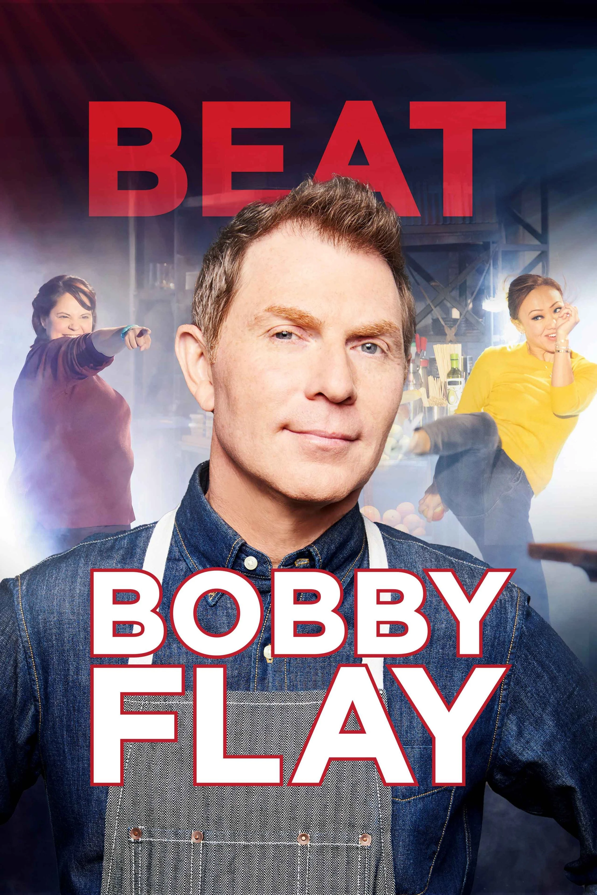 The cover of the book titled 'Beat Bobby Flay' featuring a man in a denim shirt with a confident expression, two women in the background, one wearing a red top and the other a yellow top, in a kitchen setting.