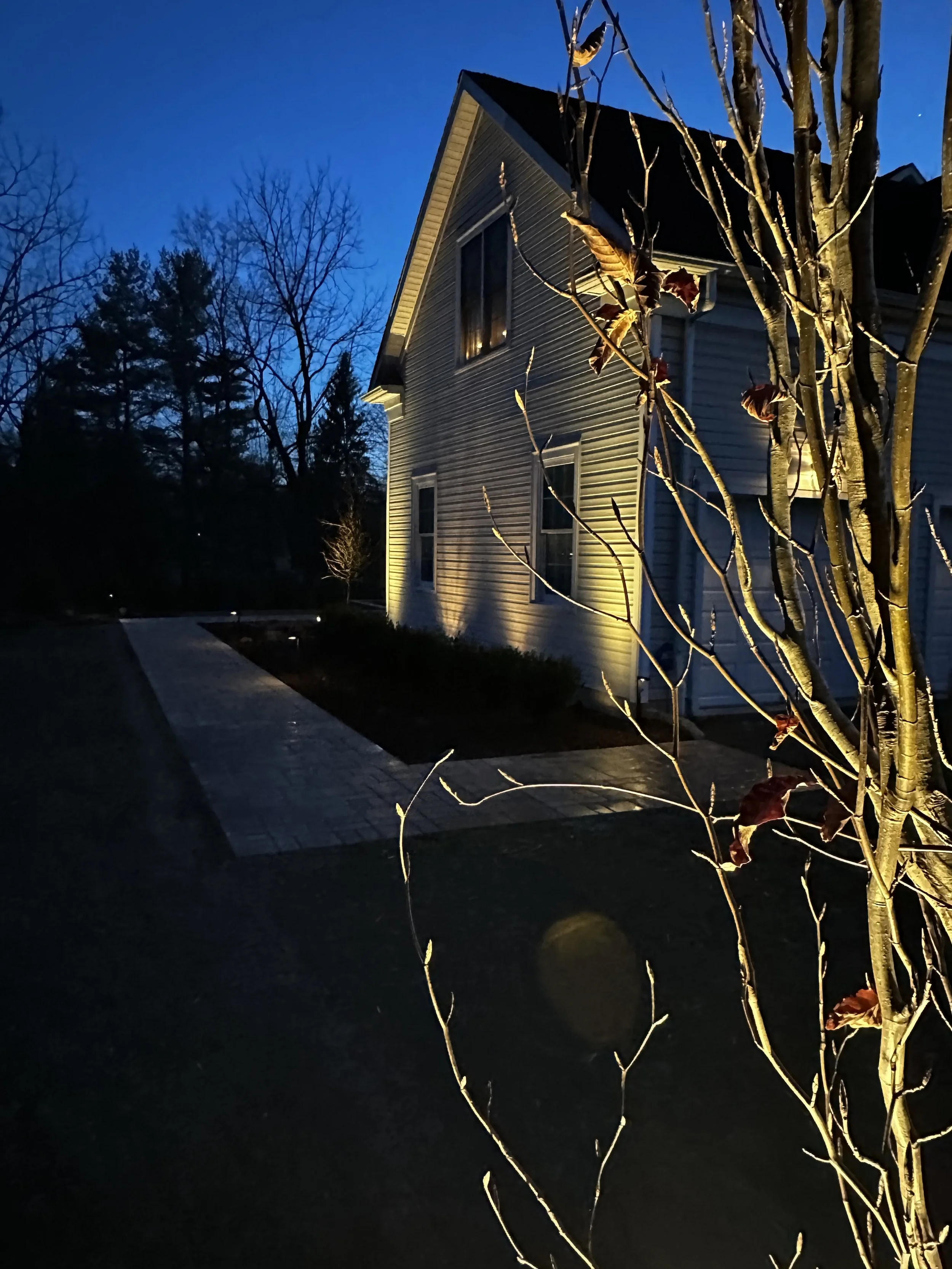 A house illuminated by exterior lights at dusk, with a brick walkway in front and a leafless tree in the foreground.