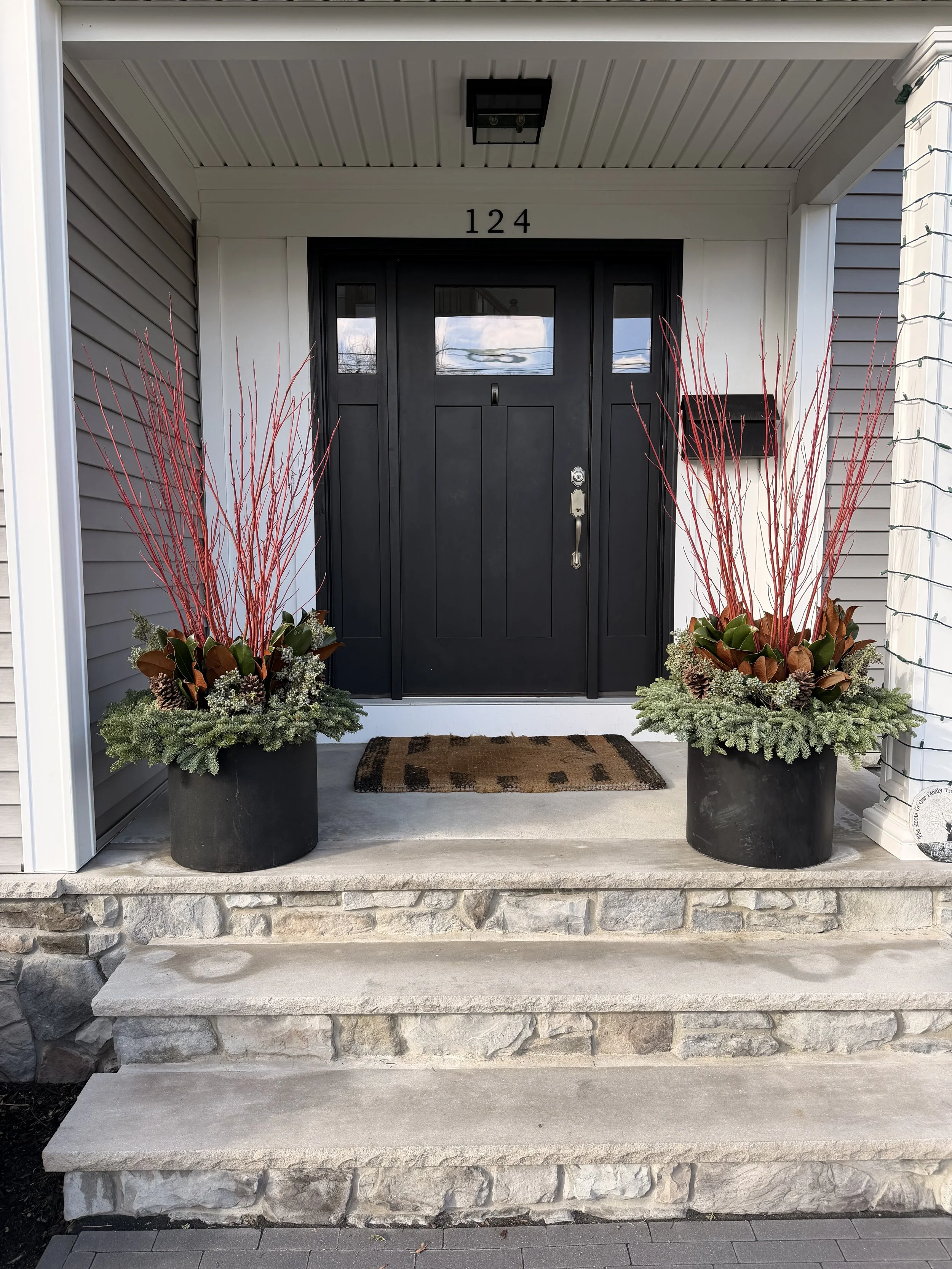 Front porch of a house with a black door, two large potted plants with red branches and green foliage on either side of the door, a mat in front of the door, and stone steps leading up to it.