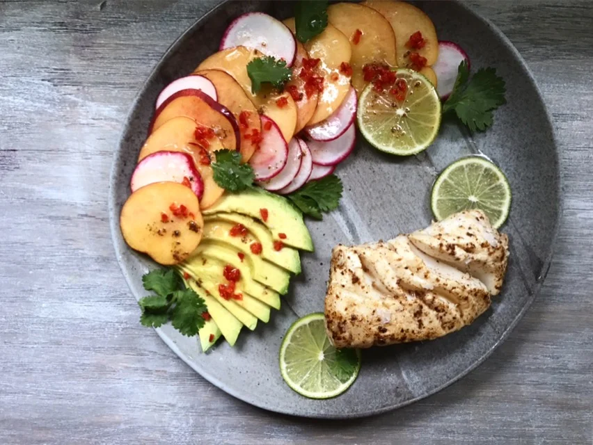 Brown Butter Cod with Peach- Radish Salad
