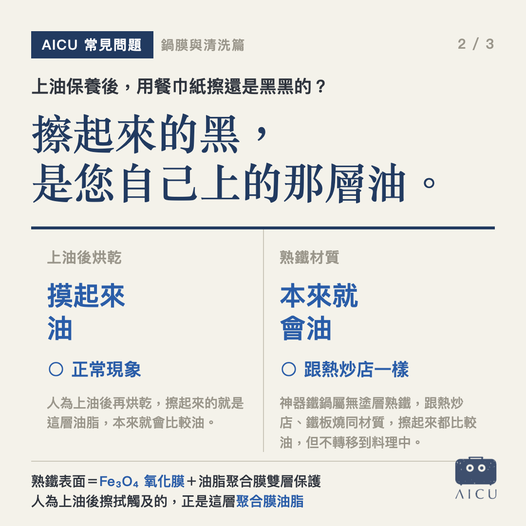 ❓ 上油保養後，用餐巾紙擦鍋還是黑黑的，需要再洗一次嗎？