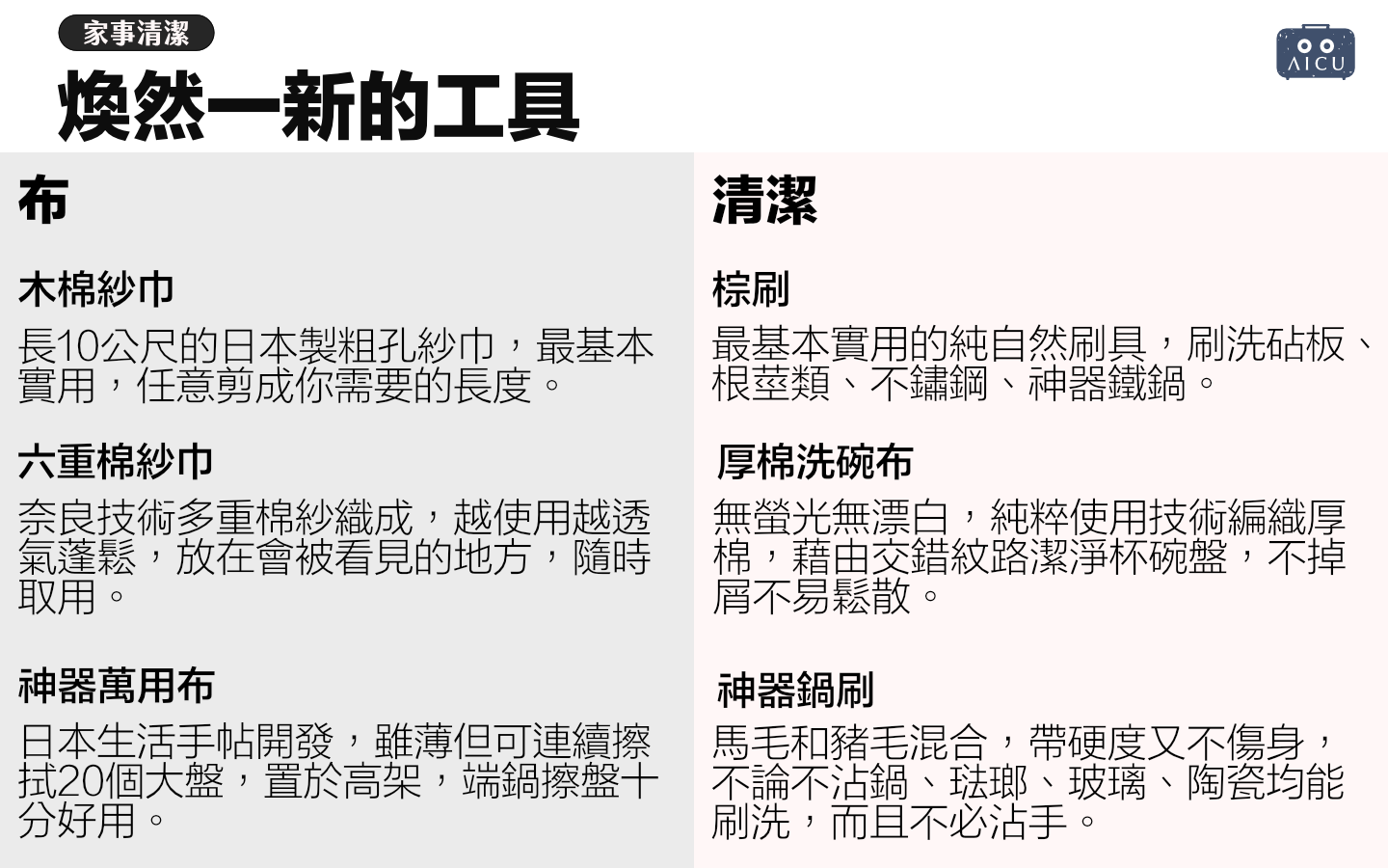 Text in Chinese describing new household tools, including a Japanese cotton cloth, multi-layer cotton cloth, a brush, a thick cotton washcloth, and a utensil scrub brush.