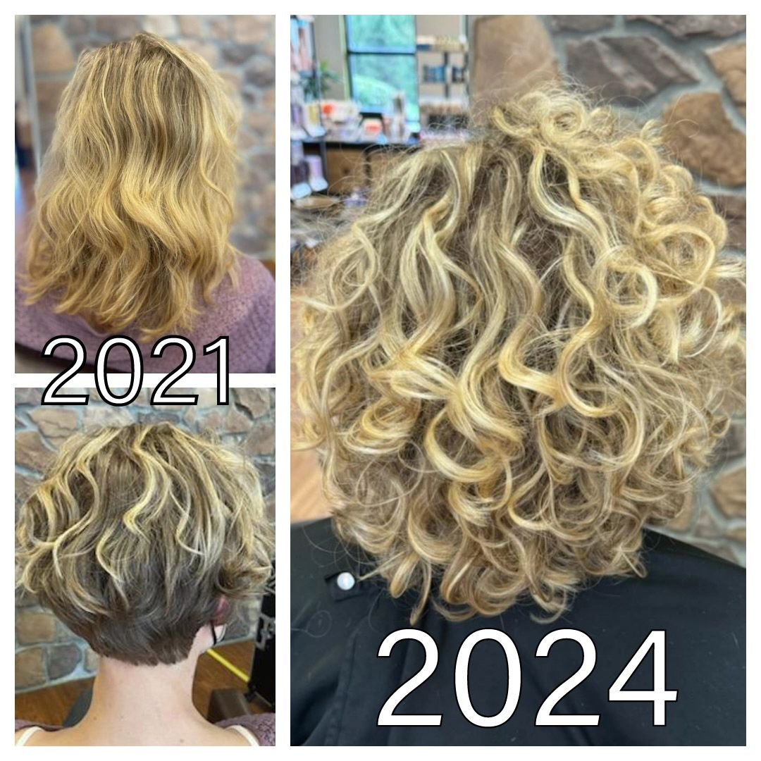 Three years ago, this client came in wanting to embrace her curls. After years of using products and getting cuts and color services that didn't allow her curls to show, our designer, Monica, got her on the right path. She started with a big cut to r