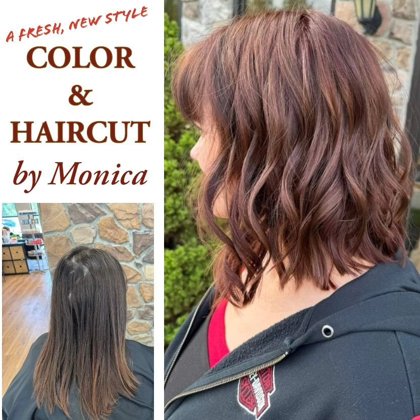 Our designer, Monica, did this amazing transformation on virgin hair using only color! She did a color blocking technique to create natural looking highlights within a red base color. Then she finished with a cut that gave her client's hair more move