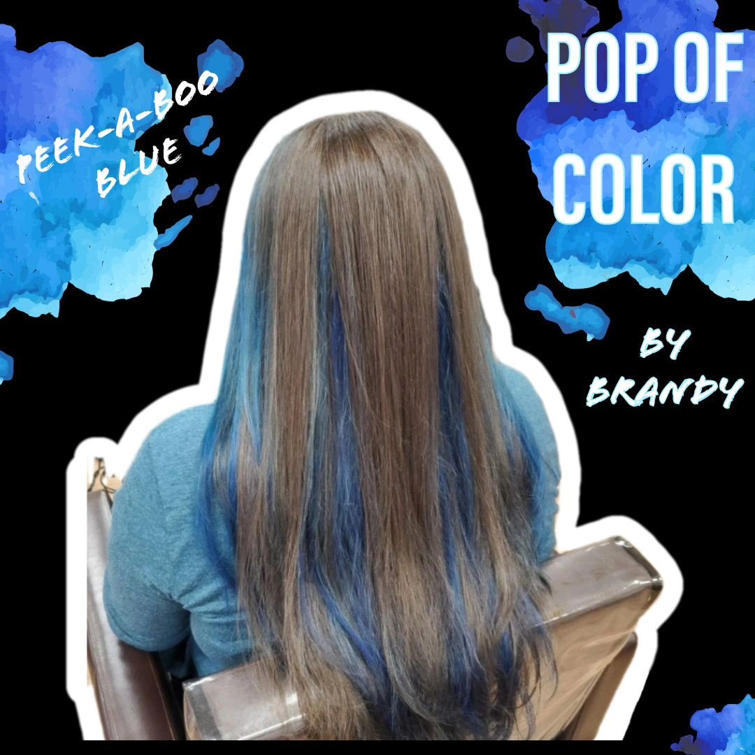 It's hot outside, so it's time for some cool hair. Our designer,  Brandy, gave her client a fun pop of color to her style with a peek-a-boo blue. Let Brandy or any of our beauty professionals help you find the color to make your style pop. Book an ap