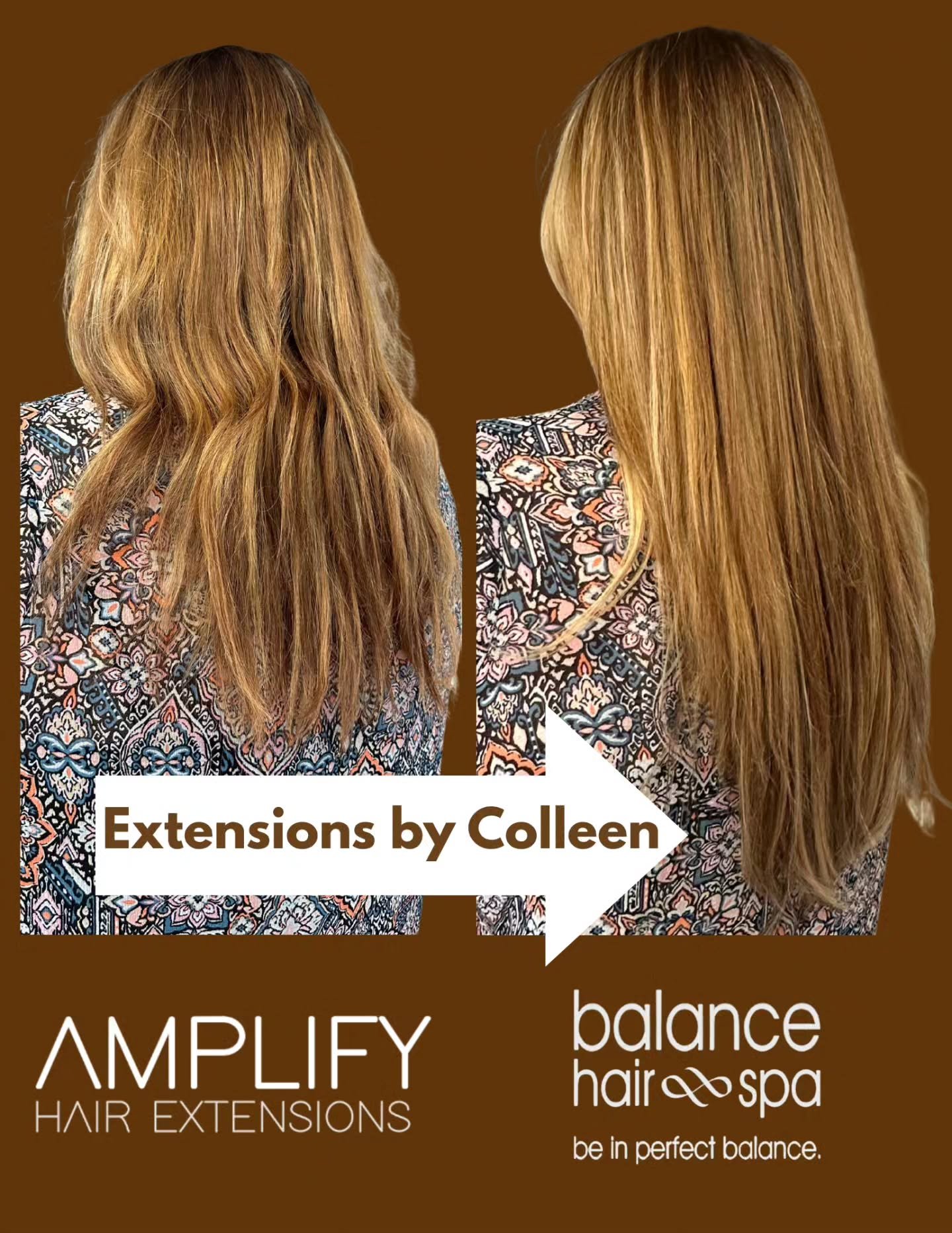 Our hair designer,  Colleen, installed extensions by Amplify for this client.  Amplify extensions are a new line we are carrying that can be installed the same day you pick them out. They come in different looks and lengths for all kinds of results. 