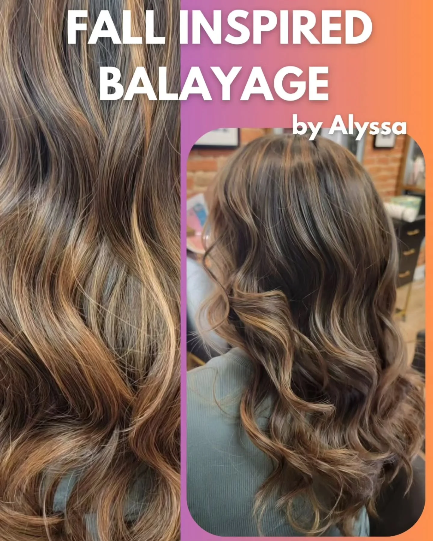 This color service by our designer,  Alyssa was inspired by the colors of fall leaves. She gave her client warmer balayage highlights for a natural and easy to maintain style. Let Alyssa or any of our beauty professionals help you find the color that