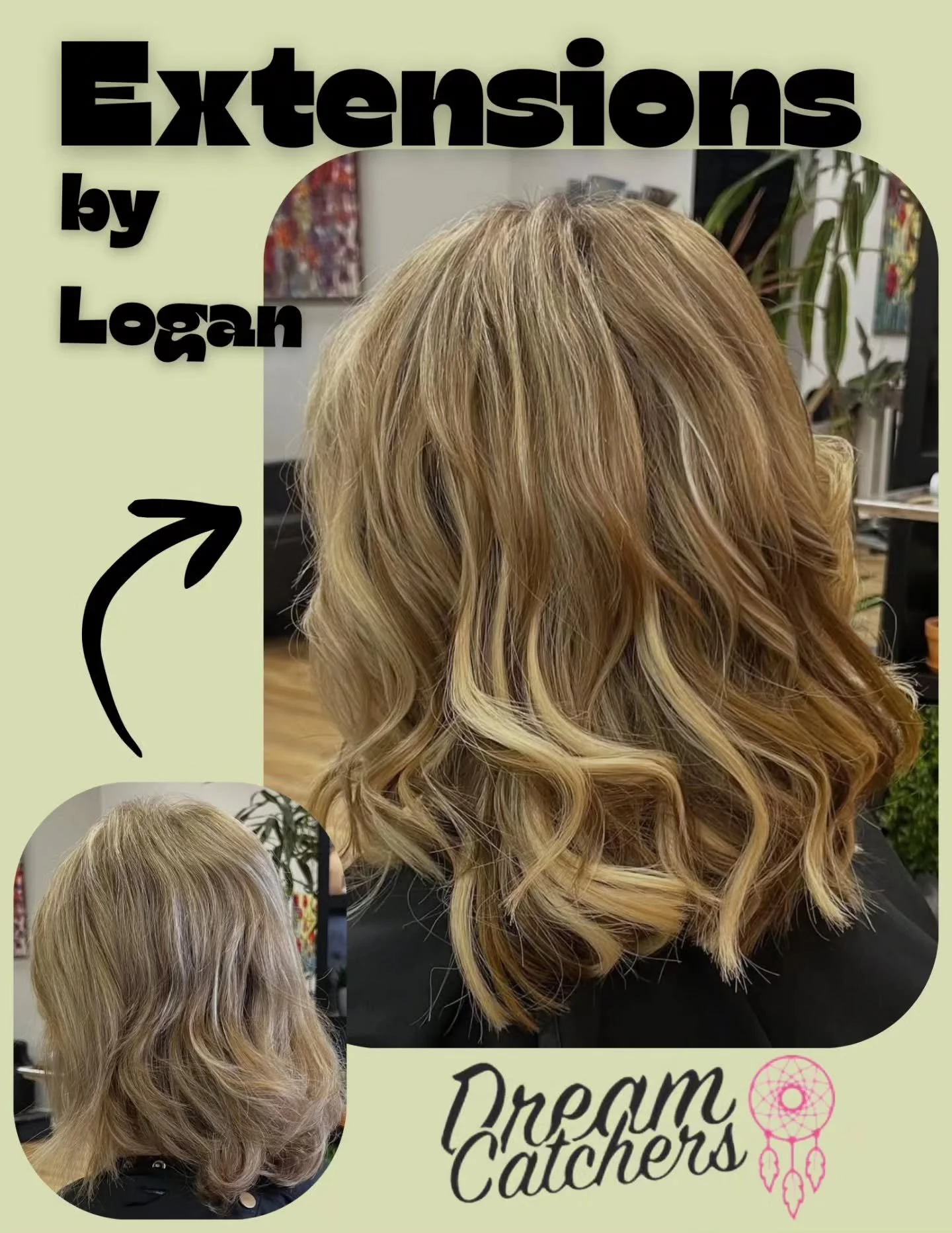 Our designer and extension specialist,  Logan, helped this client add some volume and highlights using Dreamcatchers extensions.  Extensions can help clients fill in space with their style or add some dimension to their color. Let Logan help you find