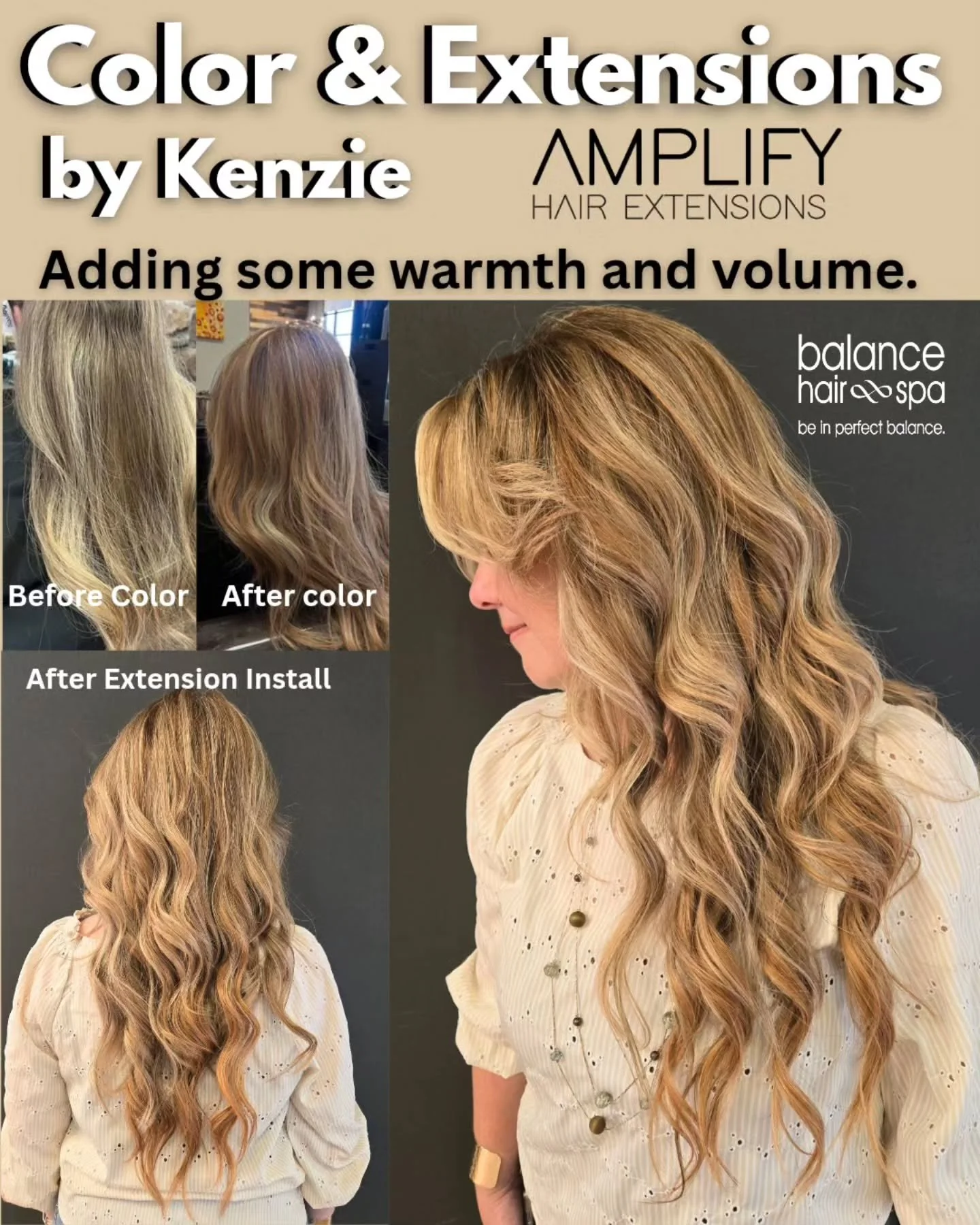 Our New Talent Hair Designer,  Kenzie, helped transition her client to a new fall look. Starting with a new color, then coloring her Amplify extensions, and finally installing them.  The finished look is absolutely stunning.  Let Kenzie help you find